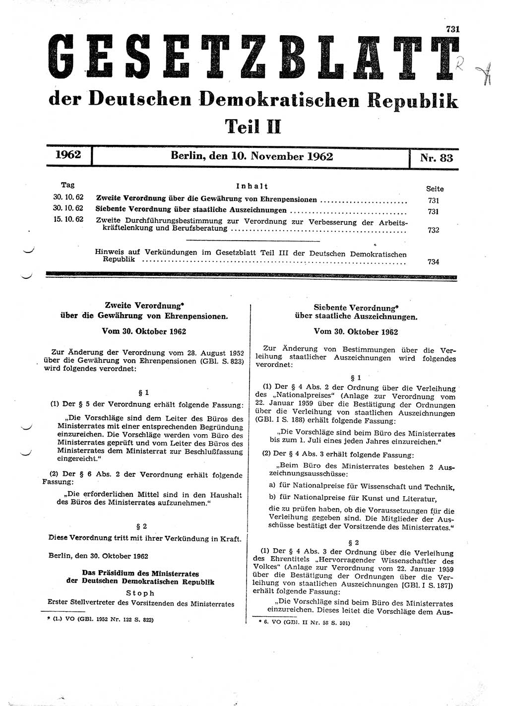 Gesetzblatt (GBl.) der Deutschen Demokratischen Republik (DDR) Teil ⅠⅠ 1962, Seite 731 (GBl. DDR ⅠⅠ 1962, S. 731)