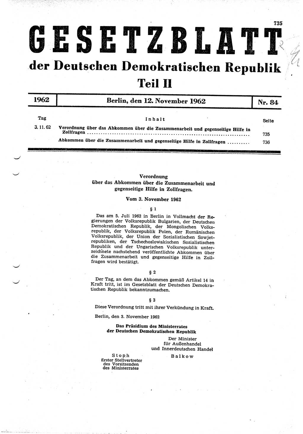 Gesetzblatt (GBl.) der Deutschen Demokratischen Republik (DDR) Teil ⅠⅠ 1962, Seite 735 (GBl. DDR ⅠⅠ 1962, S. 735)