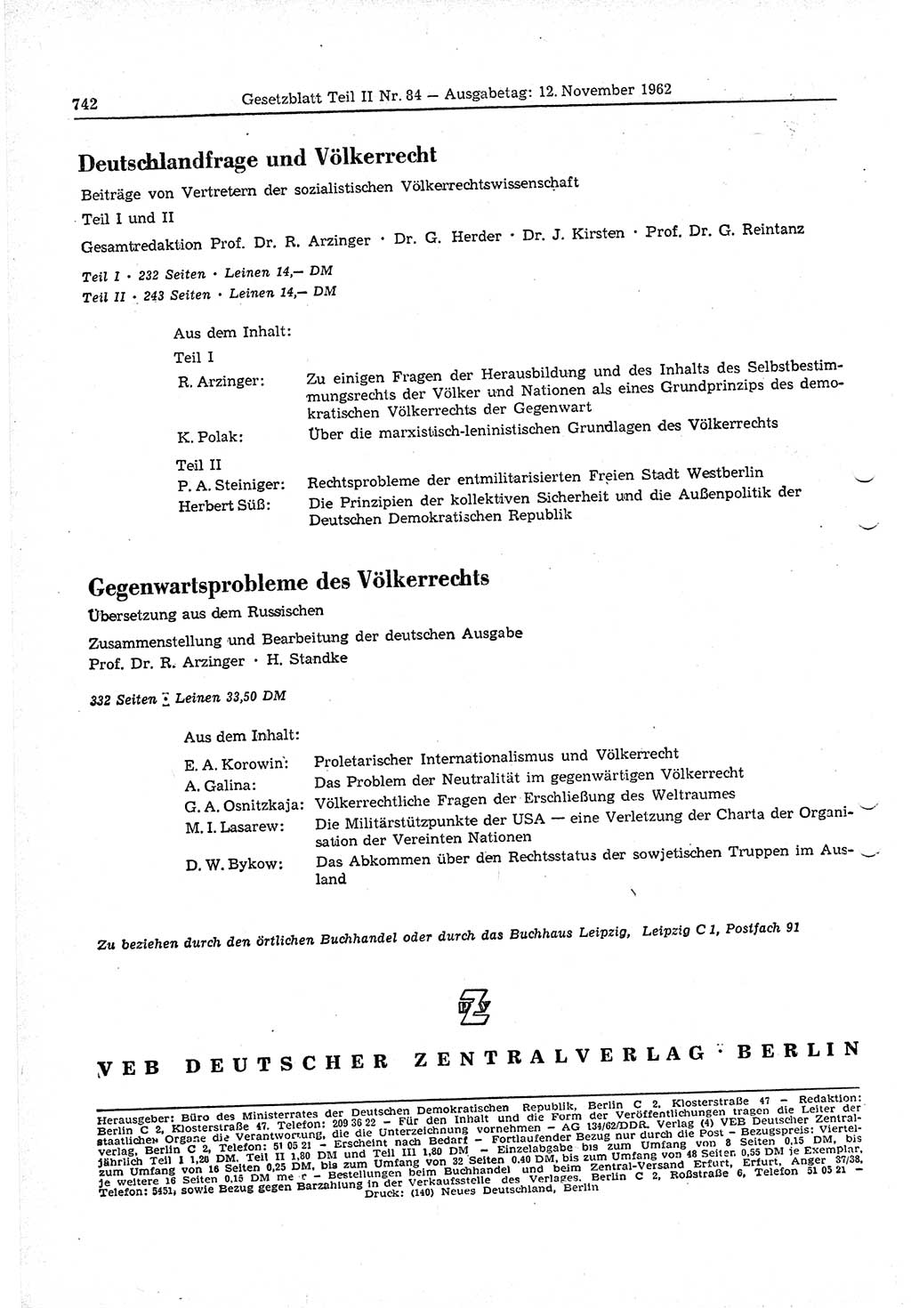 Gesetzblatt (GBl.) der Deutschen Demokratischen Republik (DDR) Teil ⅠⅠ 1962, Seite 742 (GBl. DDR ⅠⅠ 1962, S. 742)