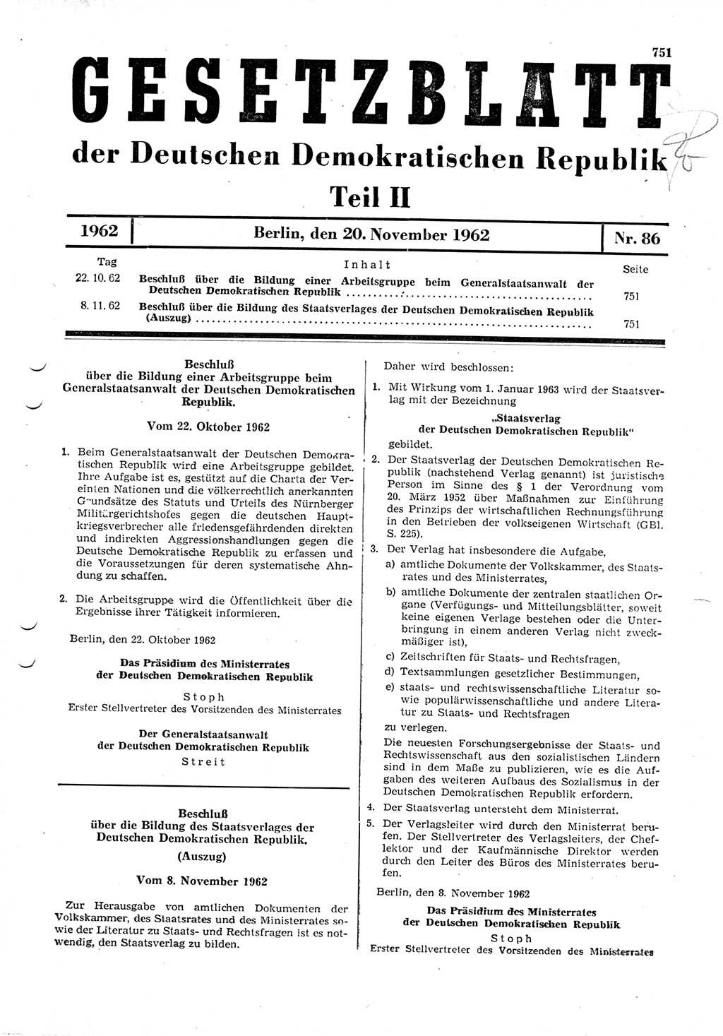 Gesetzblatt (GBl.) der Deutschen Demokratischen Republik (DDR) Teil ⅠⅠ 1962, Seite 751 (GBl. DDR ⅠⅠ 1962, S. 751)