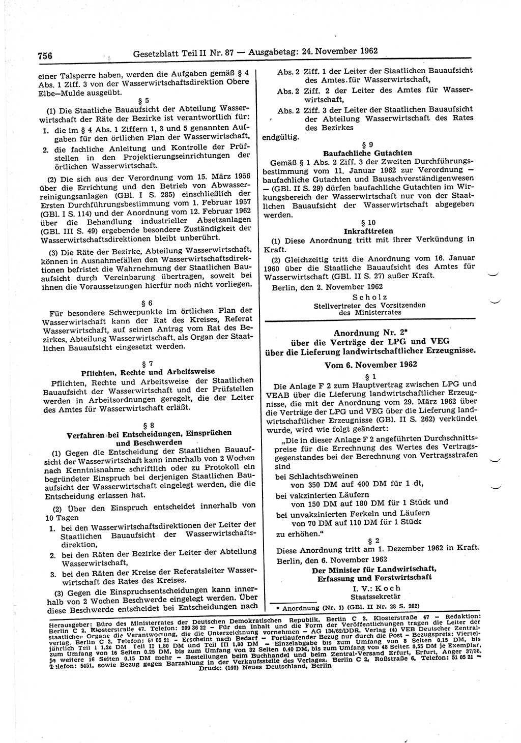 Gesetzblatt (GBl.) der Deutschen Demokratischen Republik (DDR) Teil ⅠⅠ 1962, Seite 756 (GBl. DDR ⅠⅠ 1962, S. 756)
