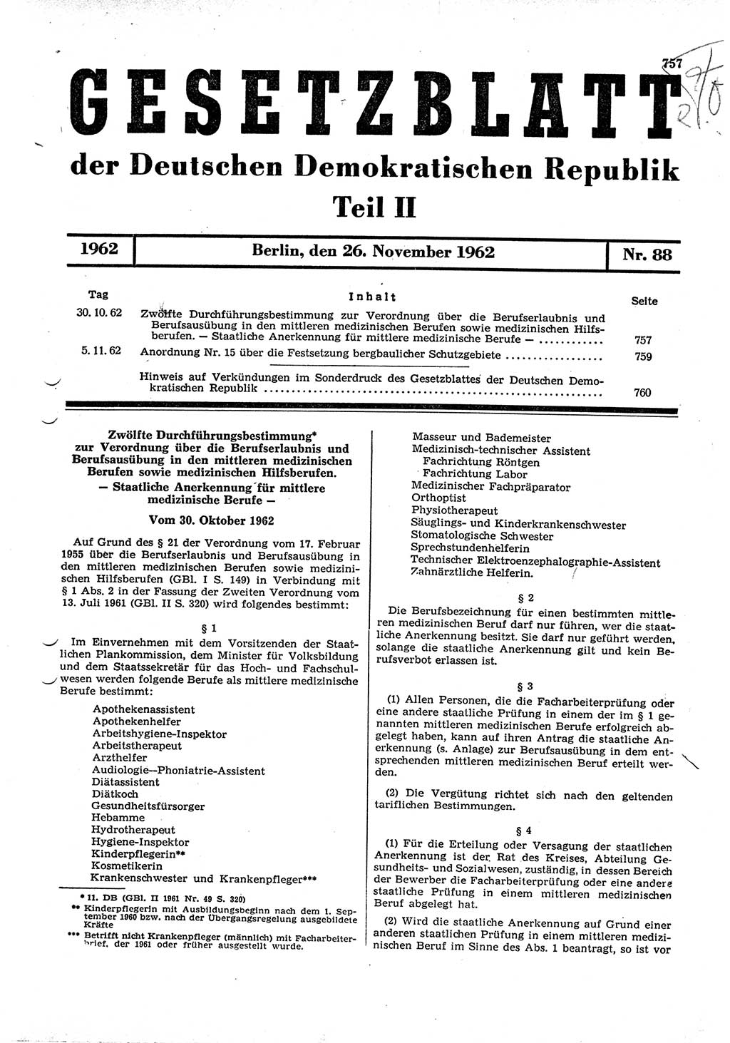 Gesetzblatt (GBl.) der Deutschen Demokratischen Republik (DDR) Teil ⅠⅠ 1962, Seite 757 (GBl. DDR ⅠⅠ 1962, S. 757)