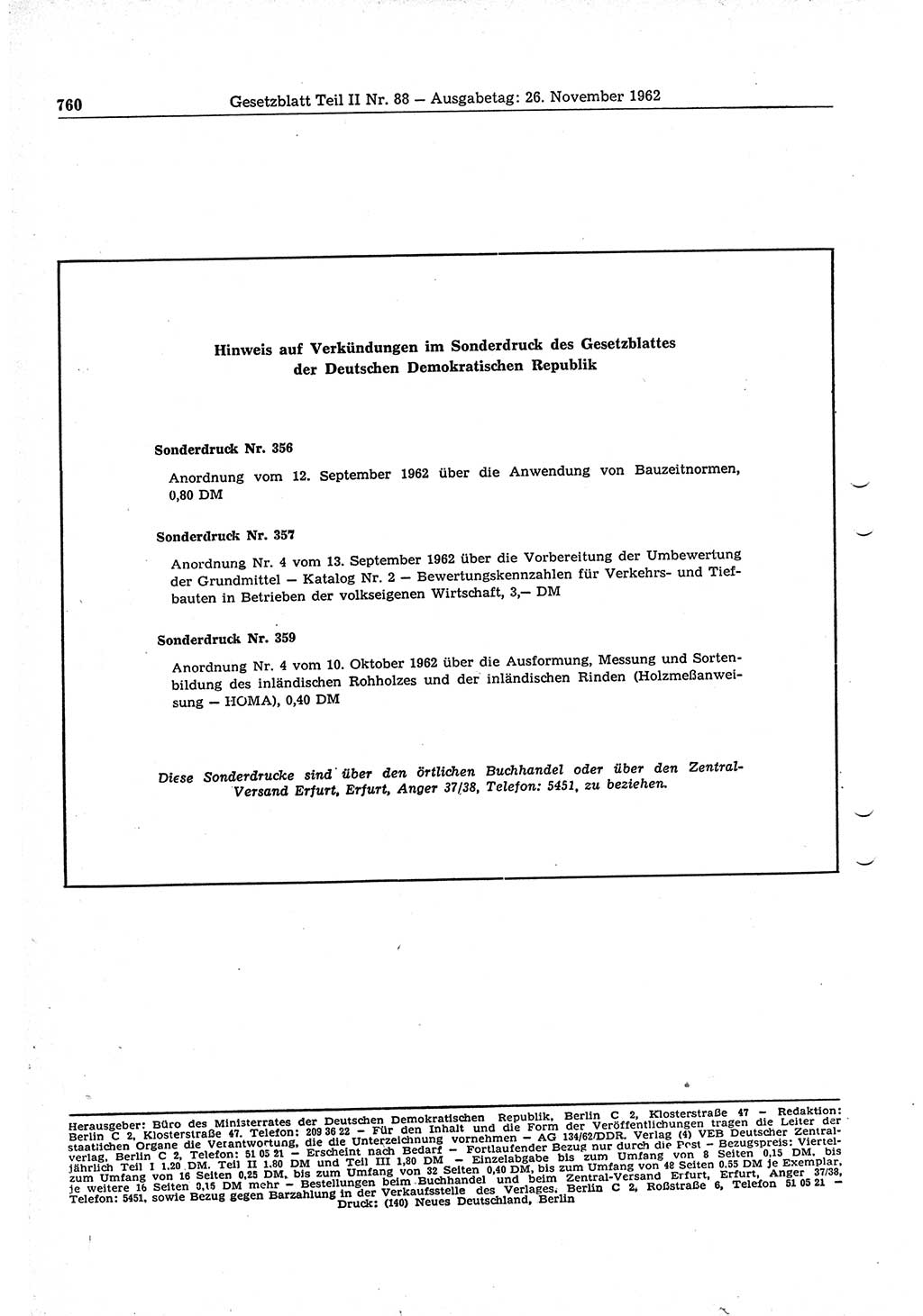 Gesetzblatt (GBl.) der Deutschen Demokratischen Republik (DDR) Teil ⅠⅠ 1962, Seite 760 (GBl. DDR ⅠⅠ 1962, S. 760)