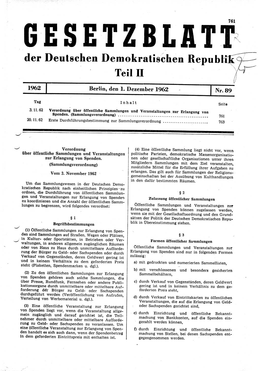 Gesetzblatt (GBl.) der Deutschen Demokratischen Republik (DDR) Teil ⅠⅠ 1962, Seite 761 (GBl. DDR ⅠⅠ 1962, S. 761)