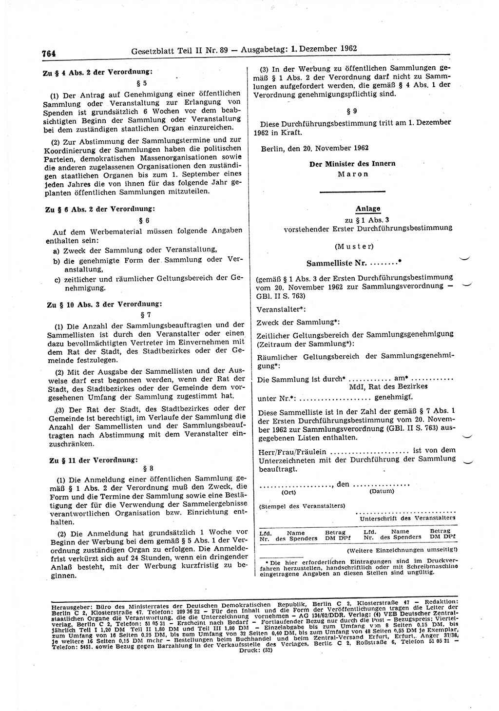 Gesetzblatt (GBl.) der Deutschen Demokratischen Republik (DDR) Teil ⅠⅠ 1962, Seite 764 (GBl. DDR ⅠⅠ 1962, S. 764)