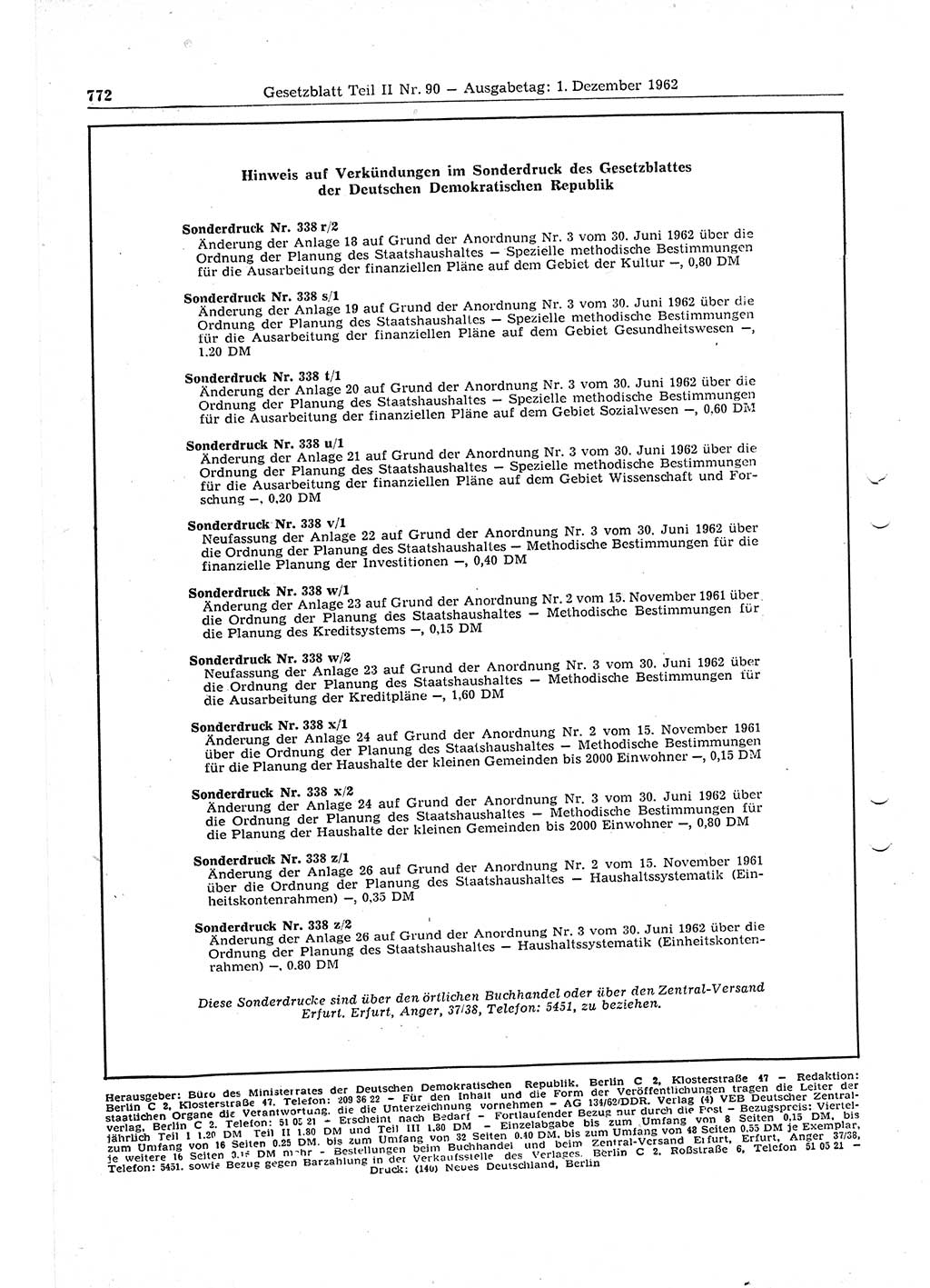Gesetzblatt (GBl.) der Deutschen Demokratischen Republik (DDR) Teil ⅠⅠ 1962, Seite 772 (GBl. DDR ⅠⅠ 1962, S. 772)