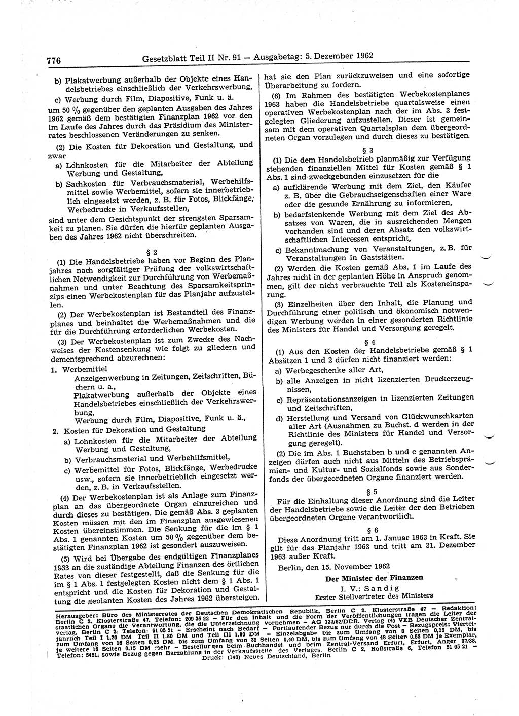 Gesetzblatt (GBl.) der Deutschen Demokratischen Republik (DDR) Teil ⅠⅠ 1962, Seite 776 (GBl. DDR ⅠⅠ 1962, S. 776)
