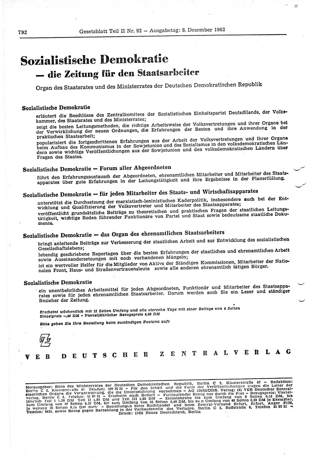 Gesetzblatt (GBl.) der Deutschen Demokratischen Republik (DDR) Teil ⅠⅠ 1962, Seite 792 (GBl. DDR ⅠⅠ 1962, S. 792)