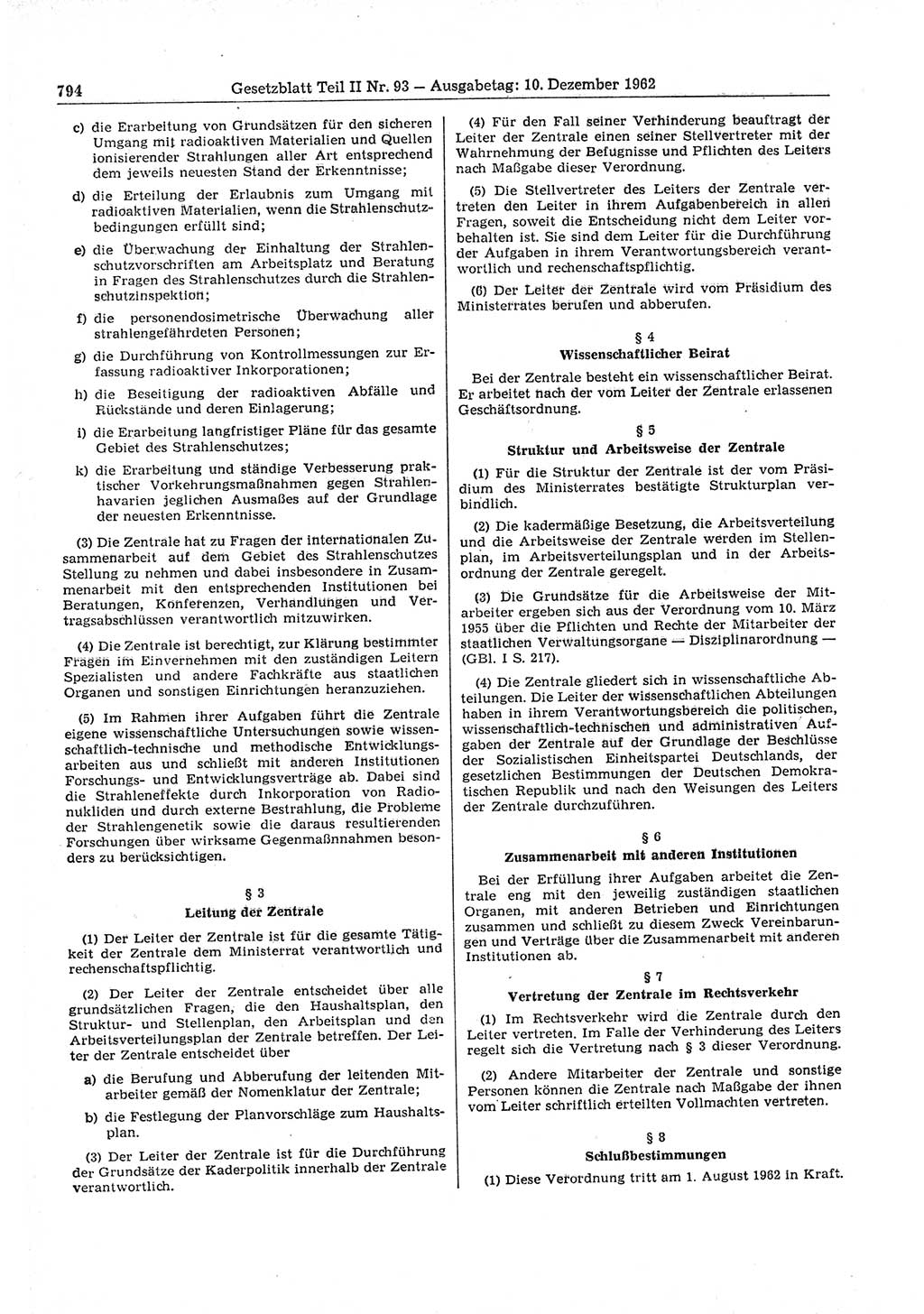 Gesetzblatt (GBl.) der Deutschen Demokratischen Republik (DDR) Teil ⅠⅠ 1962, Seite 794 (GBl. DDR ⅠⅠ 1962, S. 794)