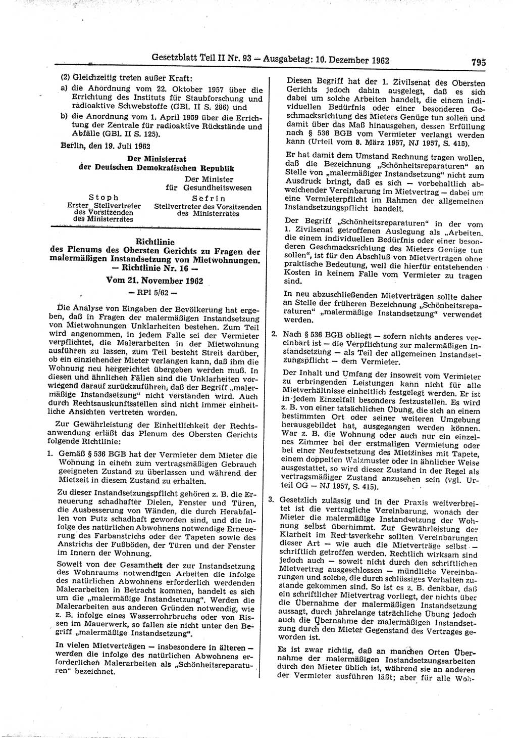 Gesetzblatt (GBl.) der Deutschen Demokratischen Republik (DDR) Teil ⅠⅠ 1962, Seite 795 (GBl. DDR ⅠⅠ 1962, S. 795)