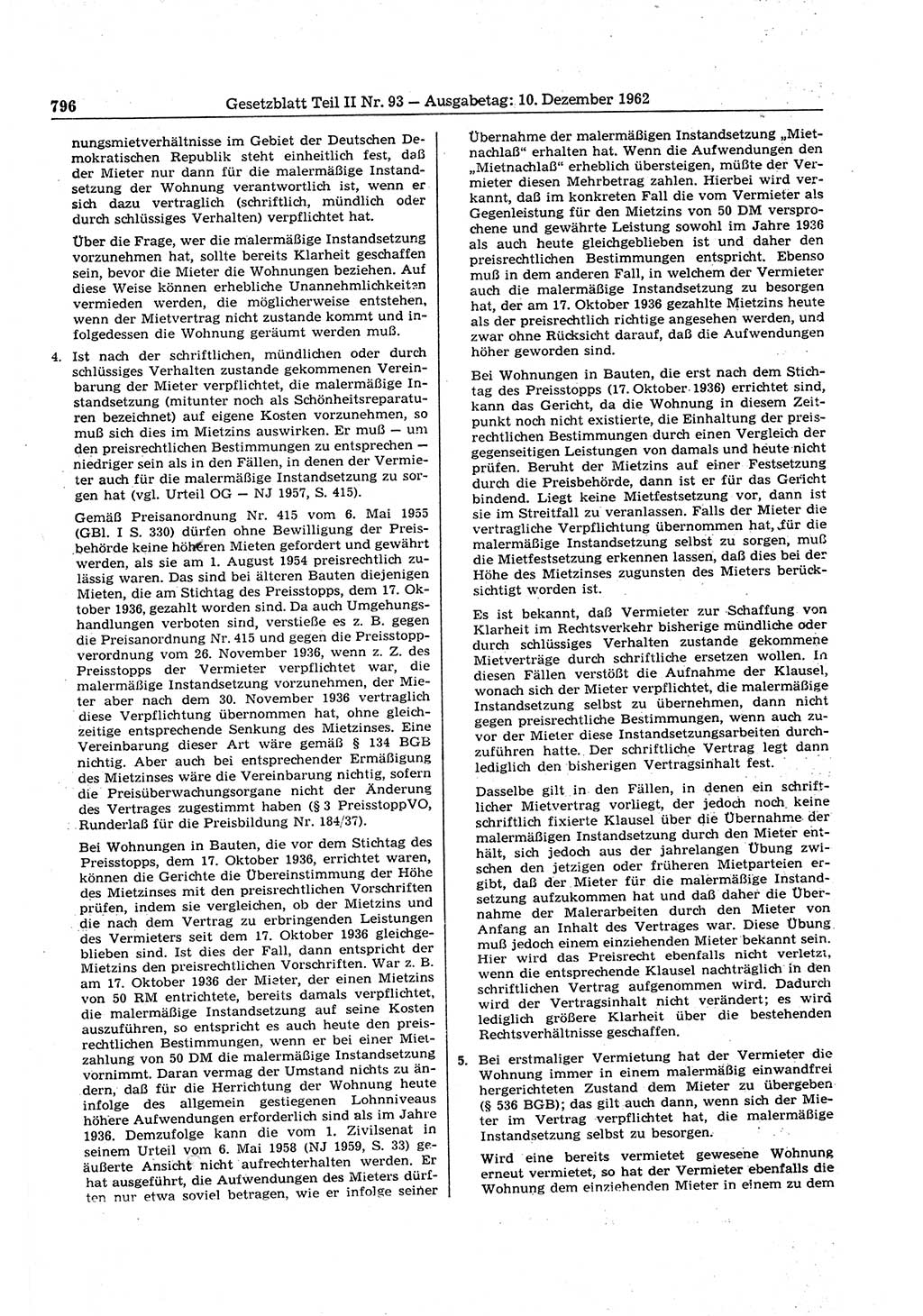 Gesetzblatt (GBl.) der Deutschen Demokratischen Republik (DDR) Teil ⅠⅠ 1962, Seite 796 (GBl. DDR ⅠⅠ 1962, S. 796)