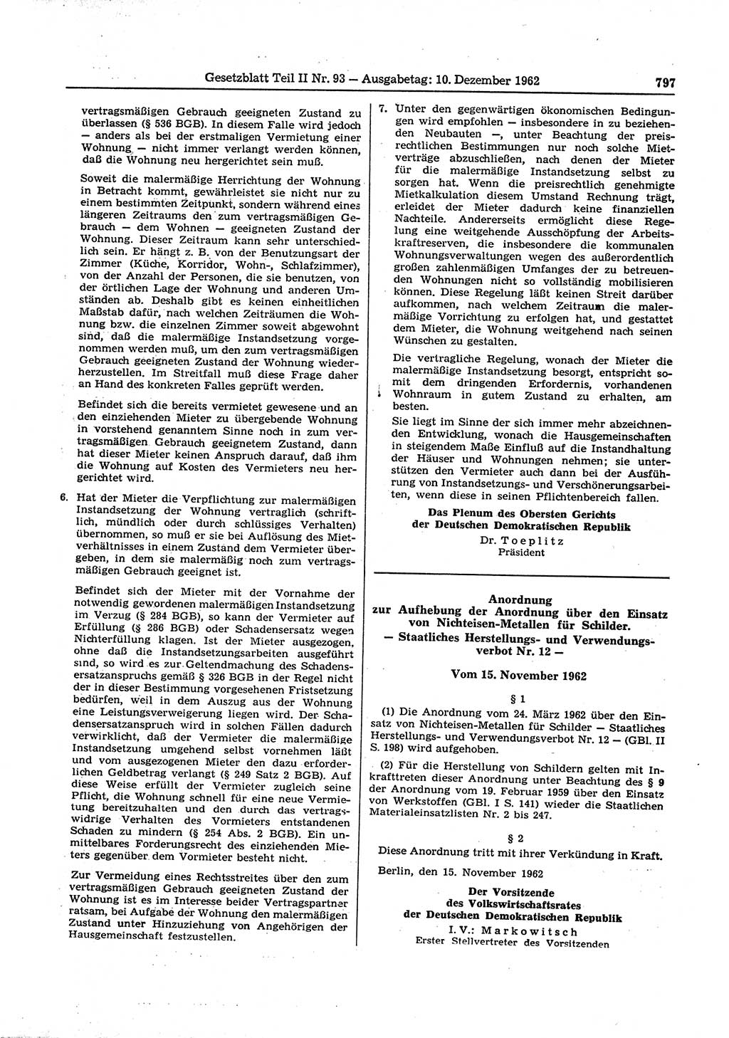 Gesetzblatt (GBl.) der Deutschen Demokratischen Republik (DDR) Teil ⅠⅠ 1962, Seite 797 (GBl. DDR ⅠⅠ 1962, S. 797)