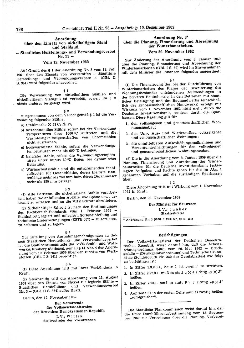 Gesetzblatt (GBl.) der Deutschen Demokratischen Republik (DDR) Teil ⅠⅠ 1962, Seite 798 (GBl. DDR ⅠⅠ 1962, S. 798)
