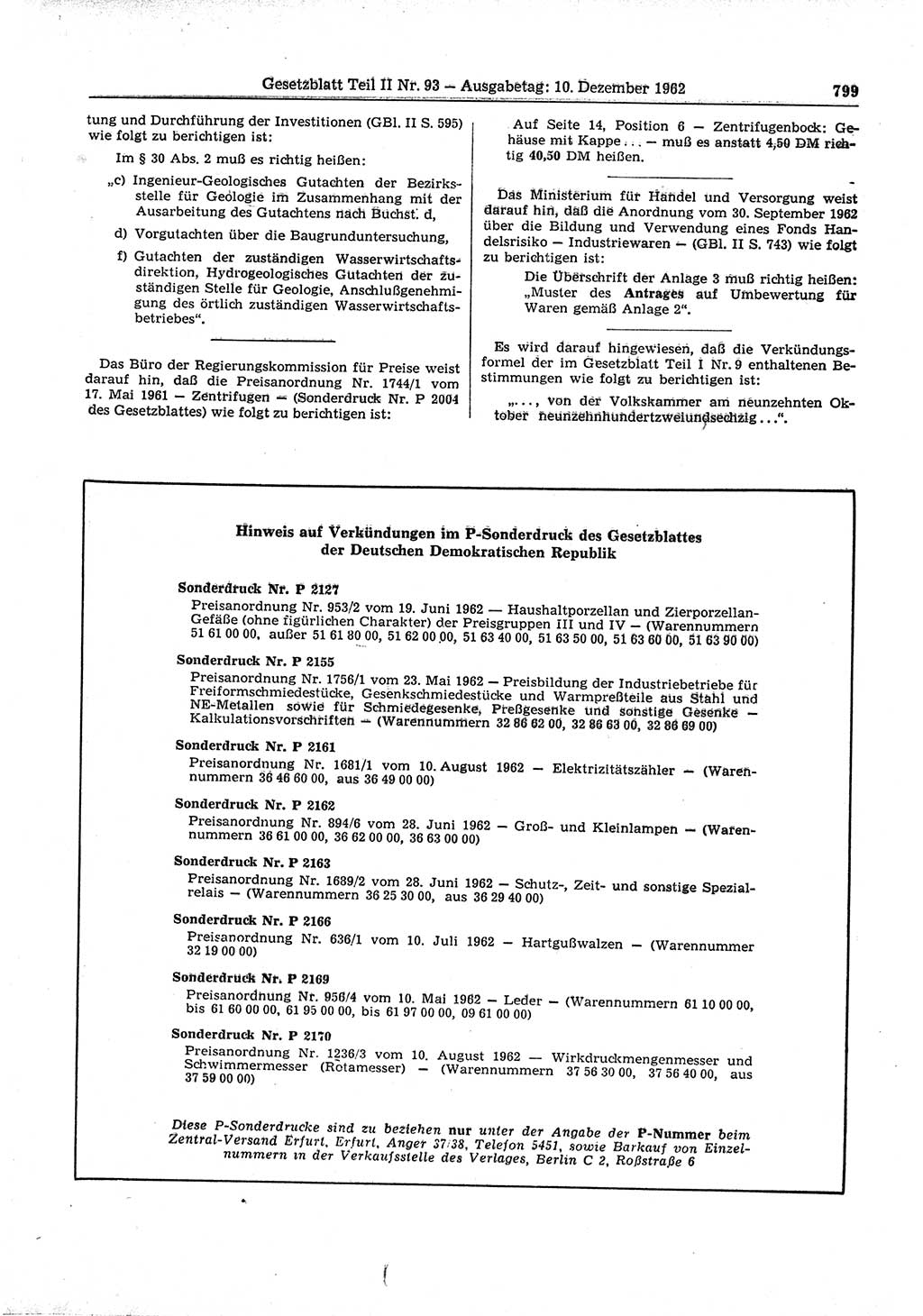 Gesetzblatt (GBl.) der Deutschen Demokratischen Republik (DDR) Teil ⅠⅠ 1962, Seite 799 (GBl. DDR ⅠⅠ 1962, S. 799)