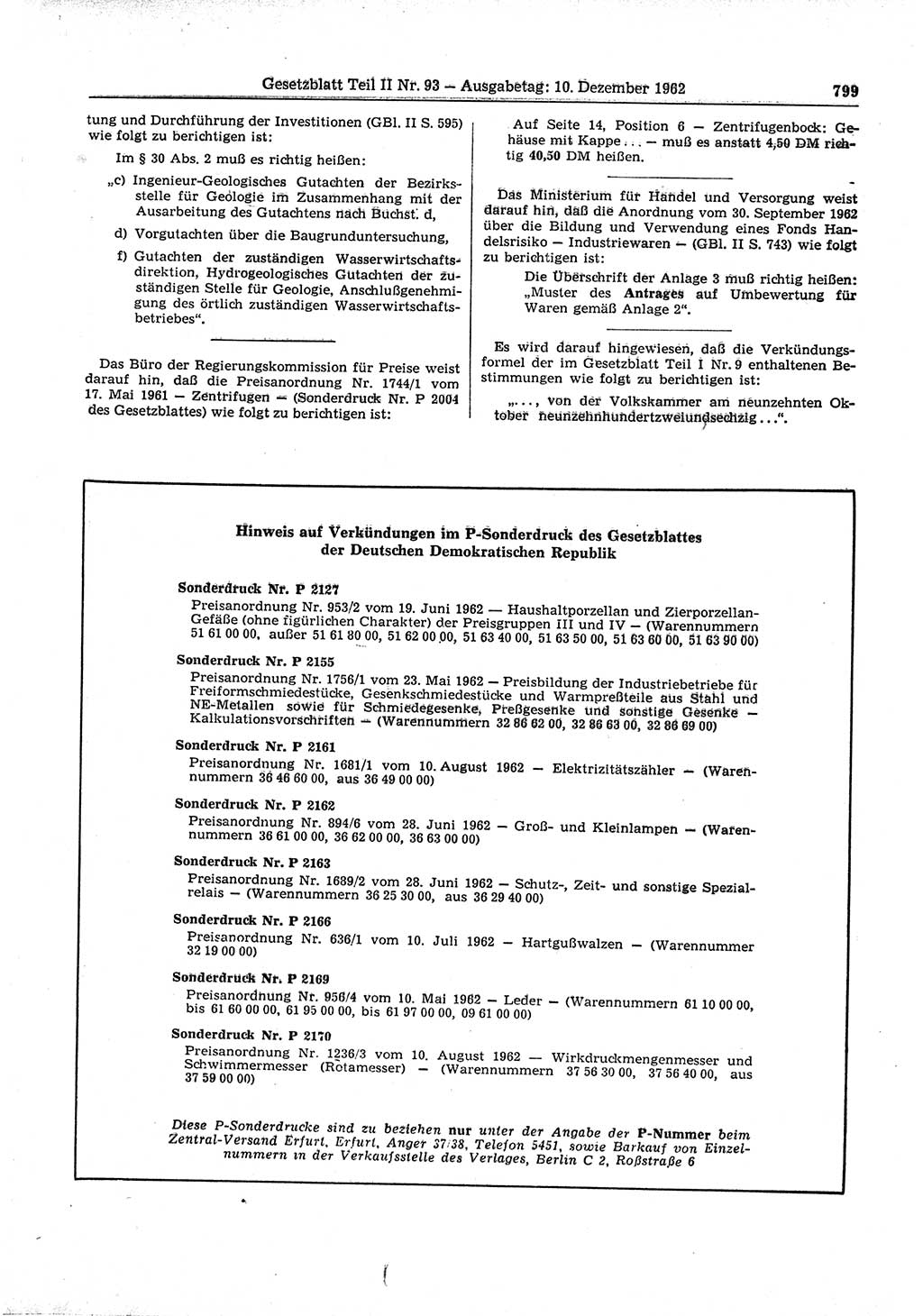 Gesetzblatt (GBl.) der Deutschen Demokratischen Republik (DDR) Teil ⅠⅠ 1962, Seite 799 (GBl. DDR ⅠⅠ 1962, S. 799)