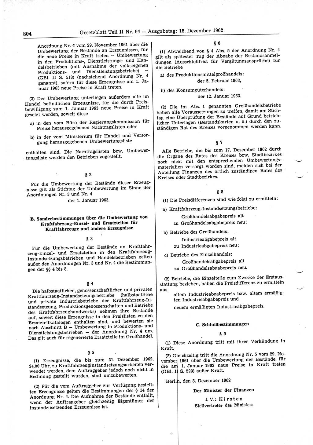 Gesetzblatt (GBl.) der Deutschen Demokratischen Republik (DDR) Teil ⅠⅠ 1962, Seite 804 (GBl. DDR ⅠⅠ 1962, S. 804)