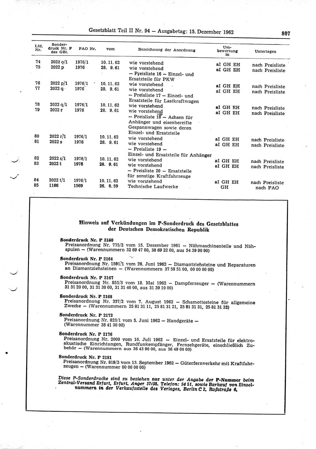 Gesetzblatt (GBl.) der Deutschen Demokratischen Republik (DDR) Teil ⅠⅠ 1962, Seite 807 (GBl. DDR ⅠⅠ 1962, S. 807)