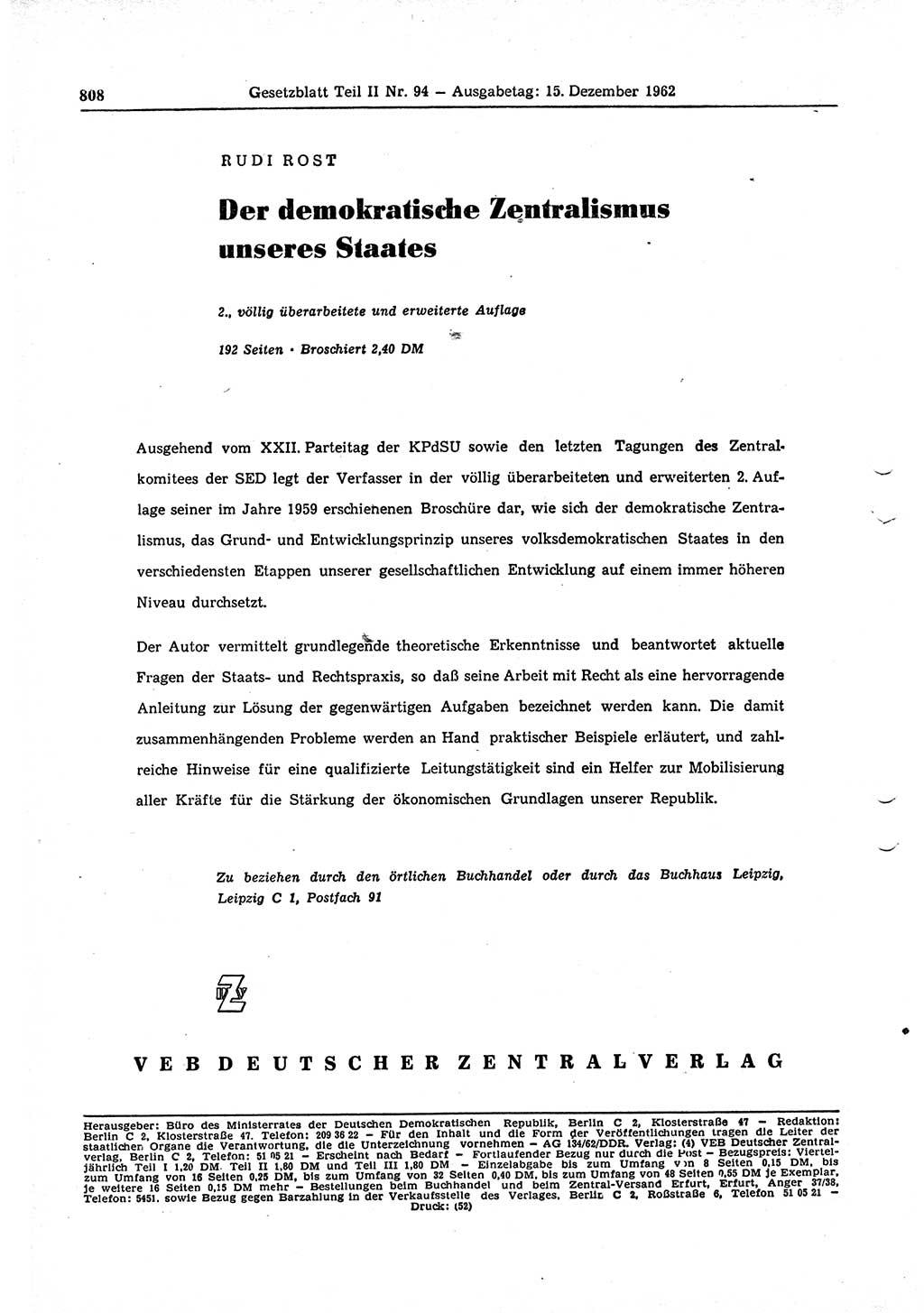 Gesetzblatt (GBl.) der Deutschen Demokratischen Republik (DDR) Teil ⅠⅠ 1962, Seite 808 (GBl. DDR ⅠⅠ 1962, S. 808)