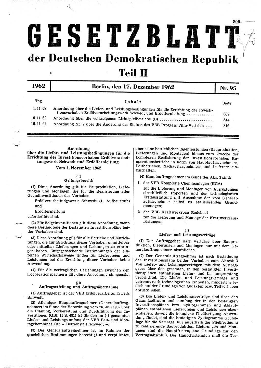 Gesetzblatt (GBl.) der Deutschen Demokratischen Republik (DDR) Teil ⅠⅠ 1962, Seite 809 (GBl. DDR ⅠⅠ 1962, S. 809)