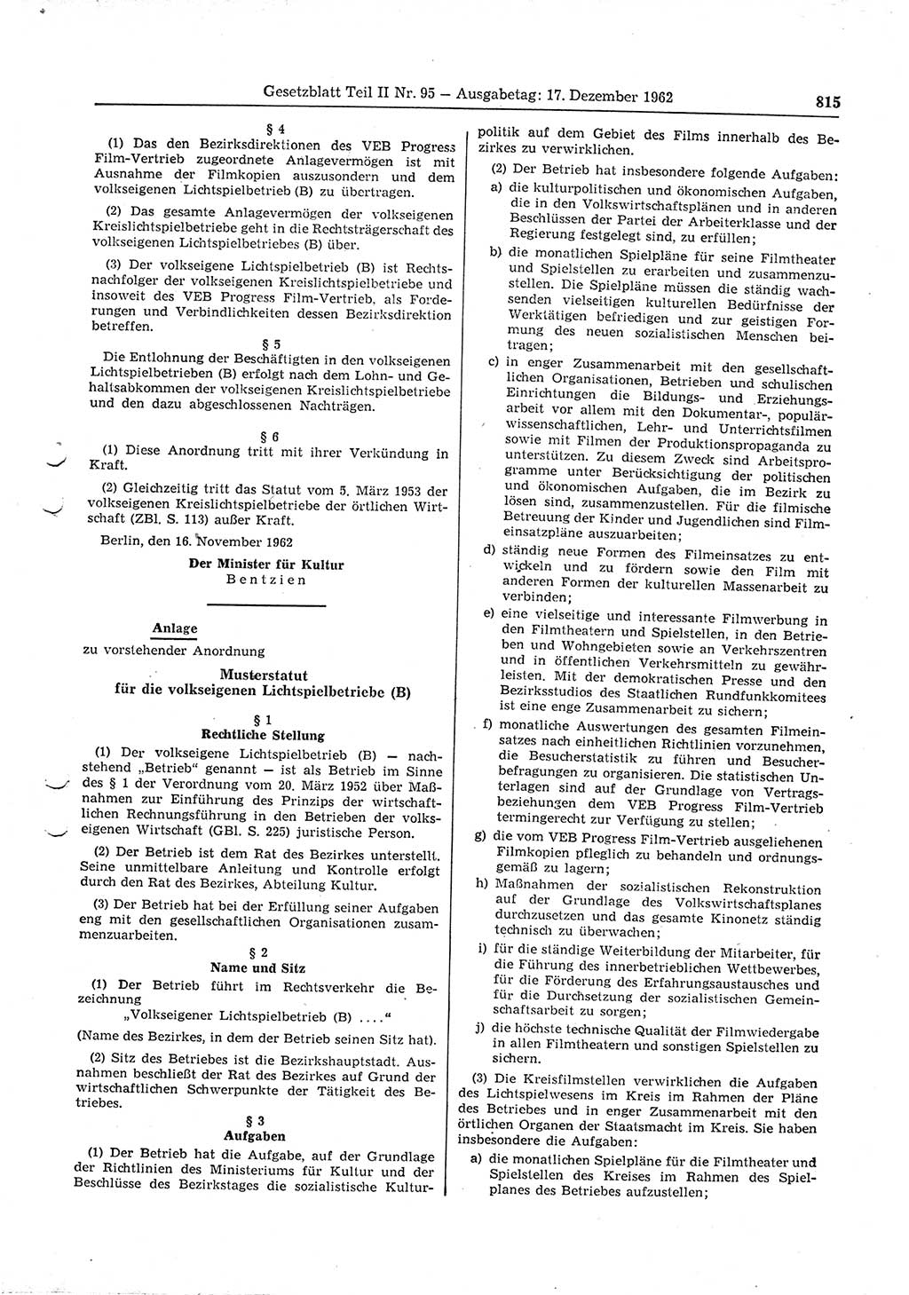 Gesetzblatt (GBl.) der Deutschen Demokratischen Republik (DDR) Teil ⅠⅠ 1962, Seite 815 (GBl. DDR ⅠⅠ 1962, S. 815)