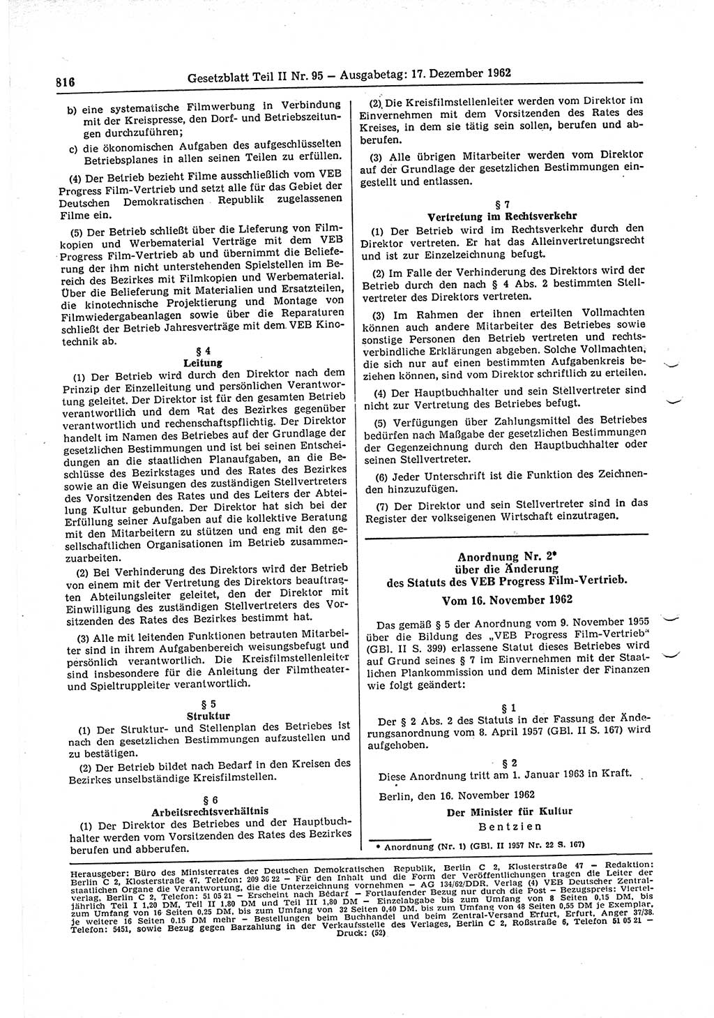 Gesetzblatt (GBl.) der Deutschen Demokratischen Republik (DDR) Teil ⅠⅠ 1962, Seite 816 (GBl. DDR ⅠⅠ 1962, S. 816)
