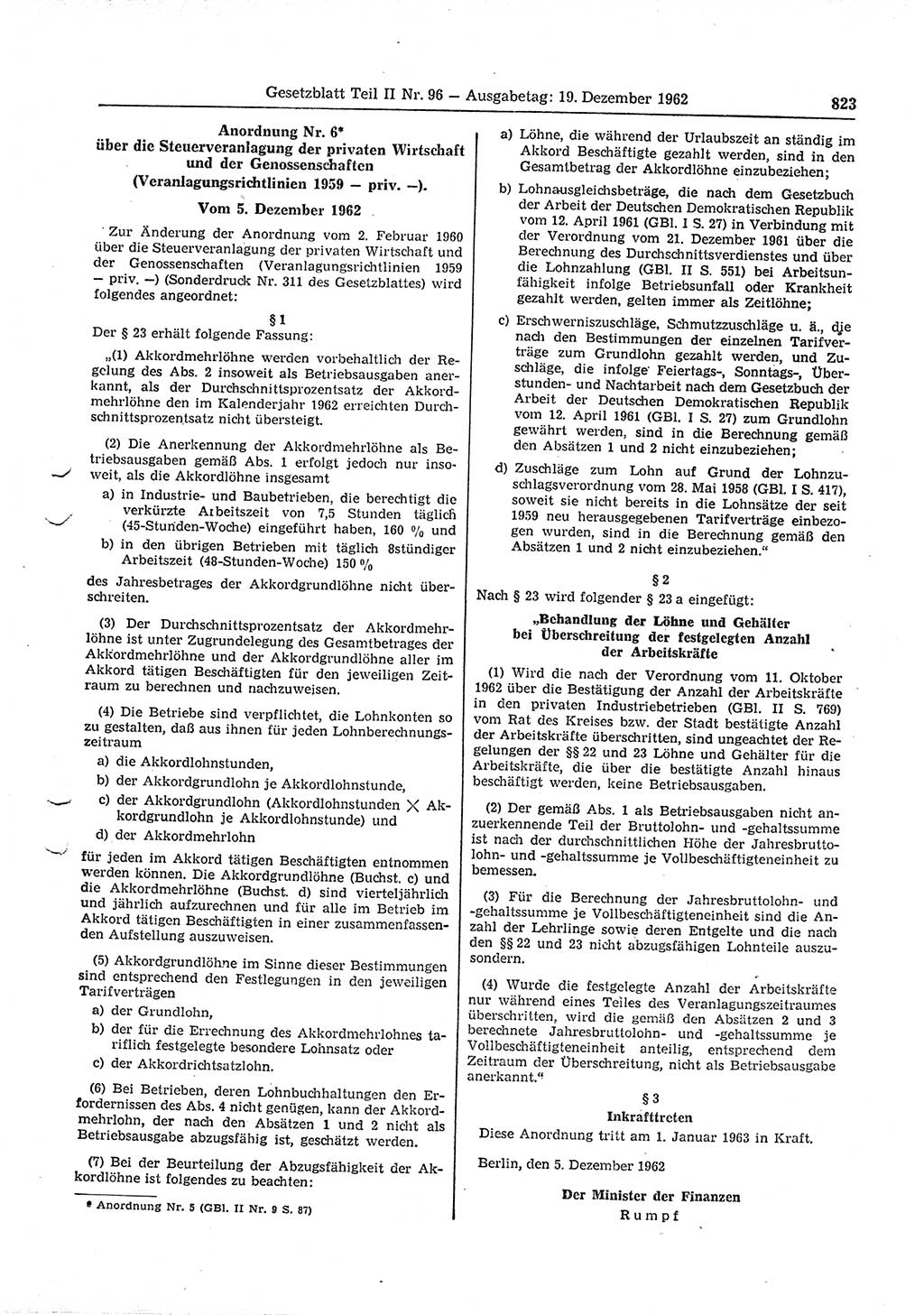 Gesetzblatt (GBl.) der Deutschen Demokratischen Republik (DDR) Teil ⅠⅠ 1962, Seite 823 (GBl. DDR ⅠⅠ 1962, S. 823)