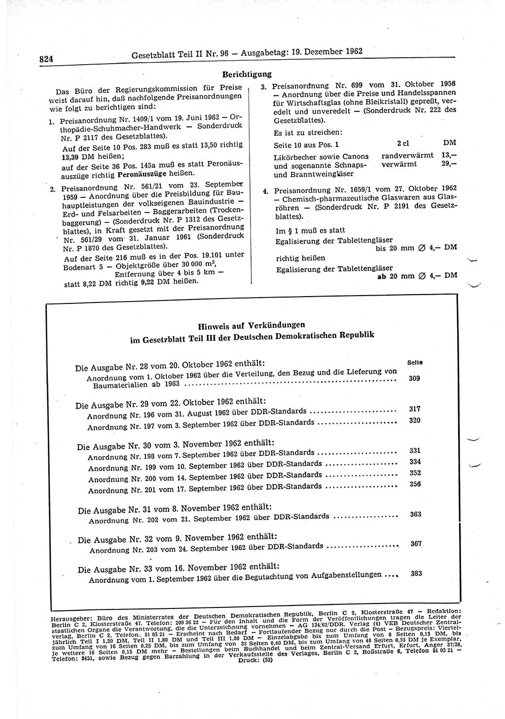 Gesetzblatt (GBl.) der Deutschen Demokratischen Republik (DDR) Teil ⅠⅠ 1962, Seite 824 (GBl. DDR ⅠⅠ 1962, S. 824)