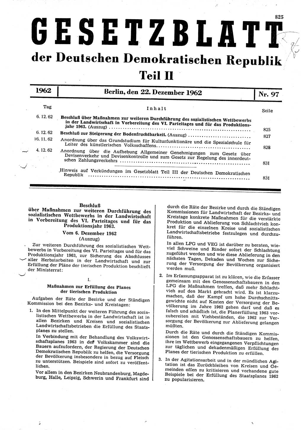 Gesetzblatt (GBl.) der Deutschen Demokratischen Republik (DDR) Teil ⅠⅠ 1962, Seite 825 (GBl. DDR ⅠⅠ 1962, S. 825)