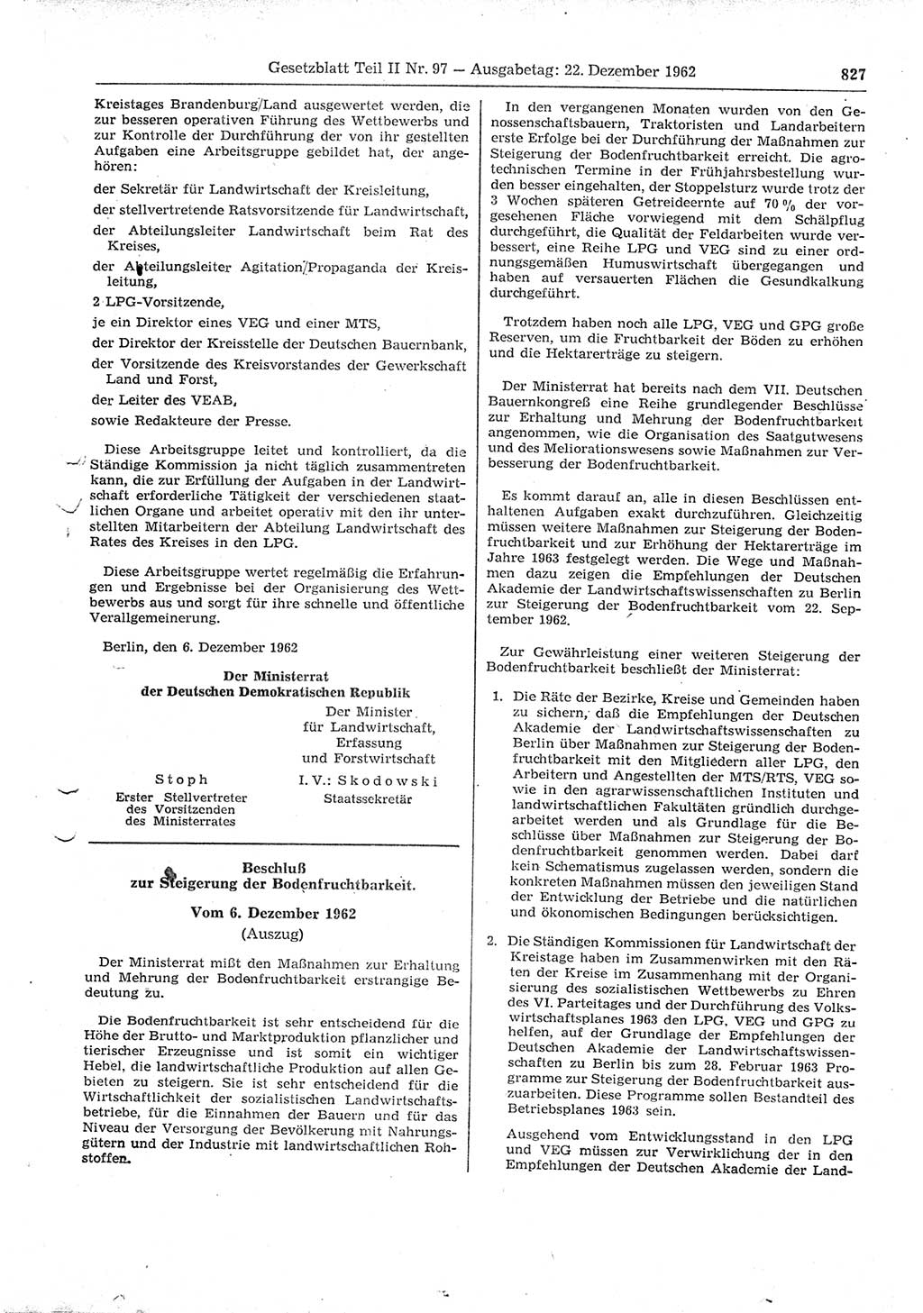 Gesetzblatt (GBl.) der Deutschen Demokratischen Republik (DDR) Teil ⅠⅠ 1962, Seite 827 (GBl. DDR ⅠⅠ 1962, S. 827)