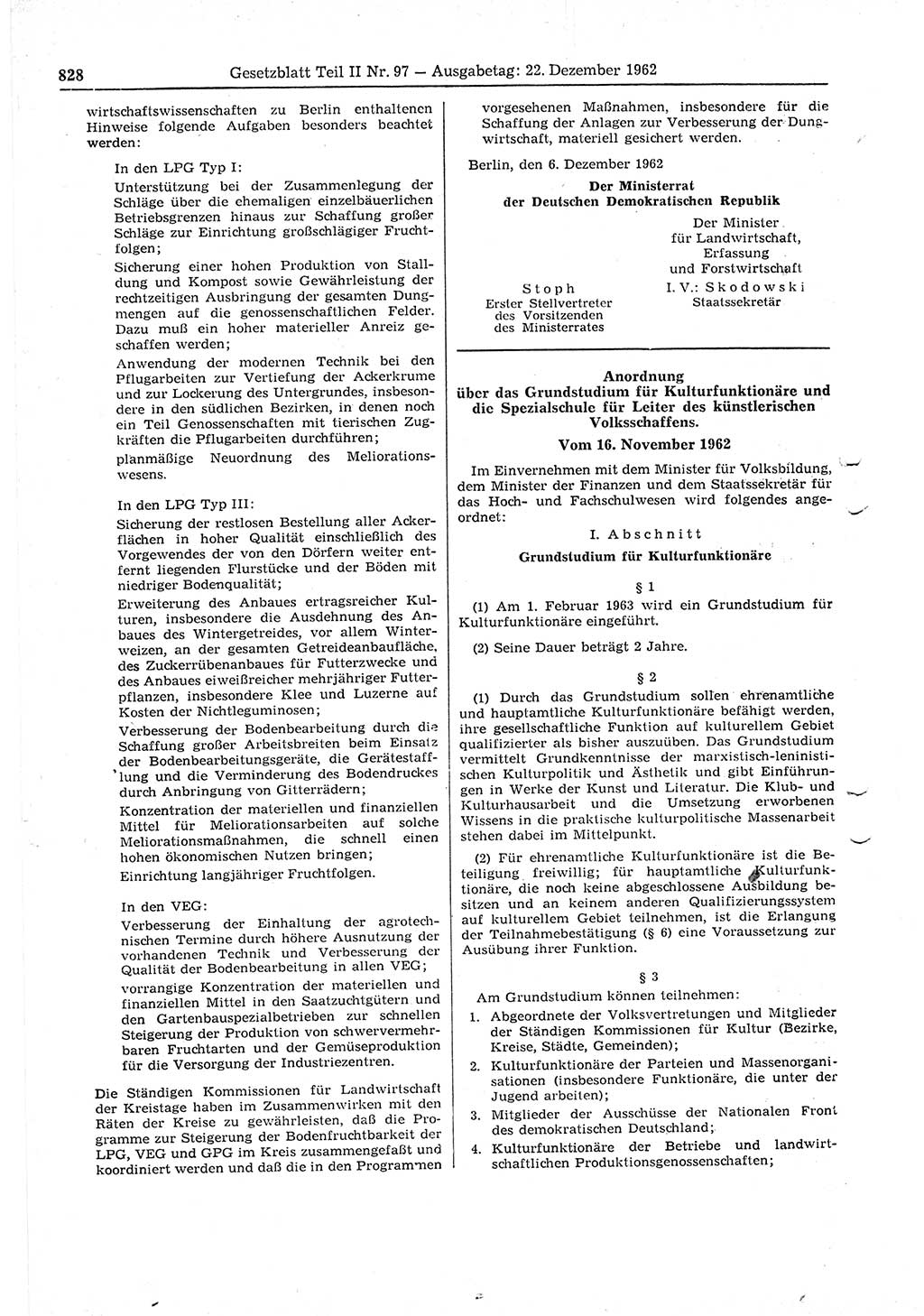 Gesetzblatt (GBl.) der Deutschen Demokratischen Republik (DDR) Teil ⅠⅠ 1962, Seite 828 (GBl. DDR ⅠⅠ 1962, S. 828)