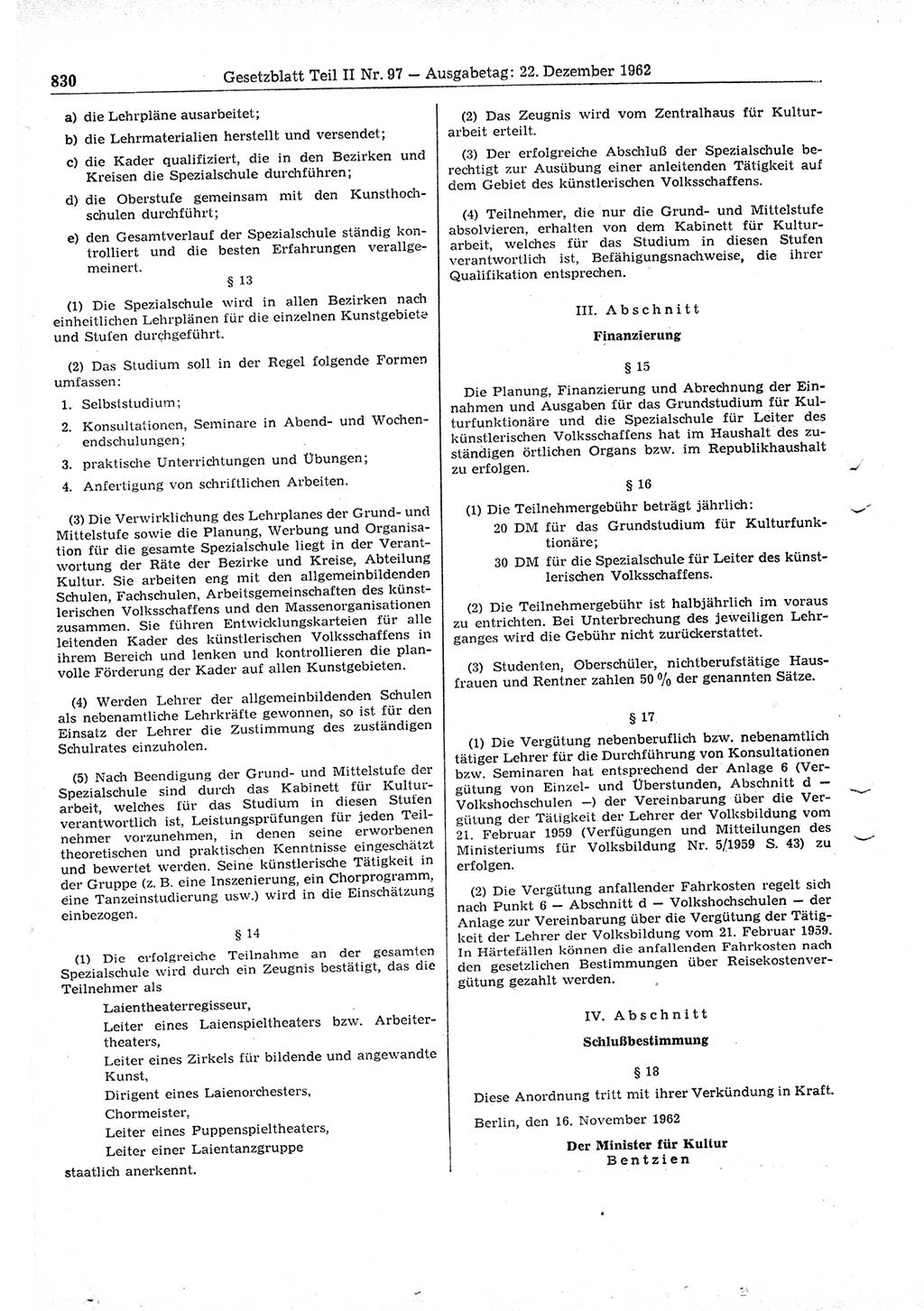 Gesetzblatt (GBl.) der Deutschen Demokratischen Republik (DDR) Teil ⅠⅠ 1962, Seite 830 (GBl. DDR ⅠⅠ 1962, S. 830)