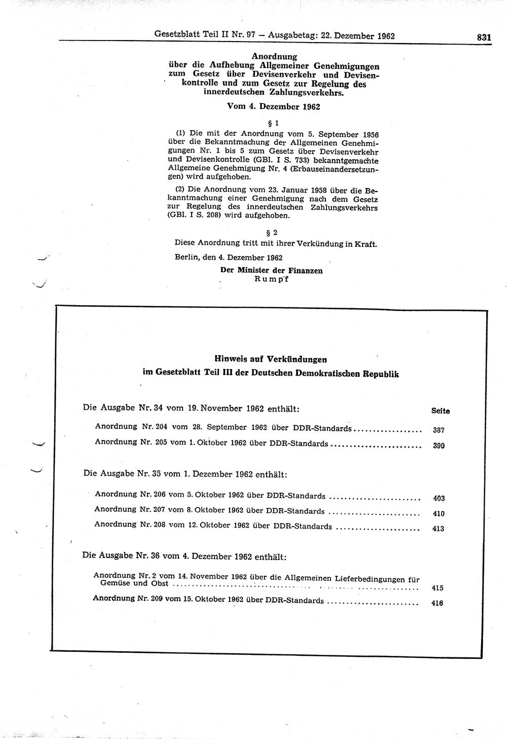 Gesetzblatt (GBl.) der Deutschen Demokratischen Republik (DDR) Teil ⅠⅠ 1962, Seite 831 (GBl. DDR ⅠⅠ 1962, S. 831)