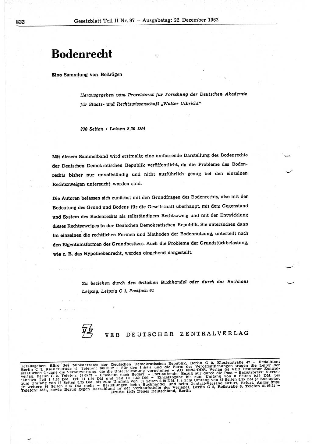 Gesetzblatt (GBl.) der Deutschen Demokratischen Republik (DDR) Teil ⅠⅠ 1962, Seite 832 (GBl. DDR ⅠⅠ 1962, S. 832)