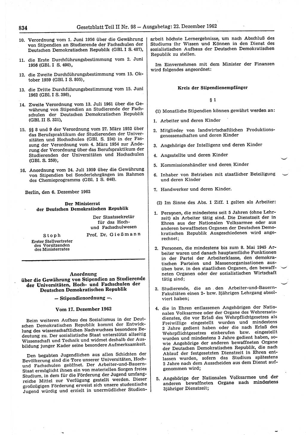 Gesetzblatt (GBl.) der Deutschen Demokratischen Republik (DDR) Teil ⅠⅠ 1962, Seite 834 (GBl. DDR ⅠⅠ 1962, S. 834)