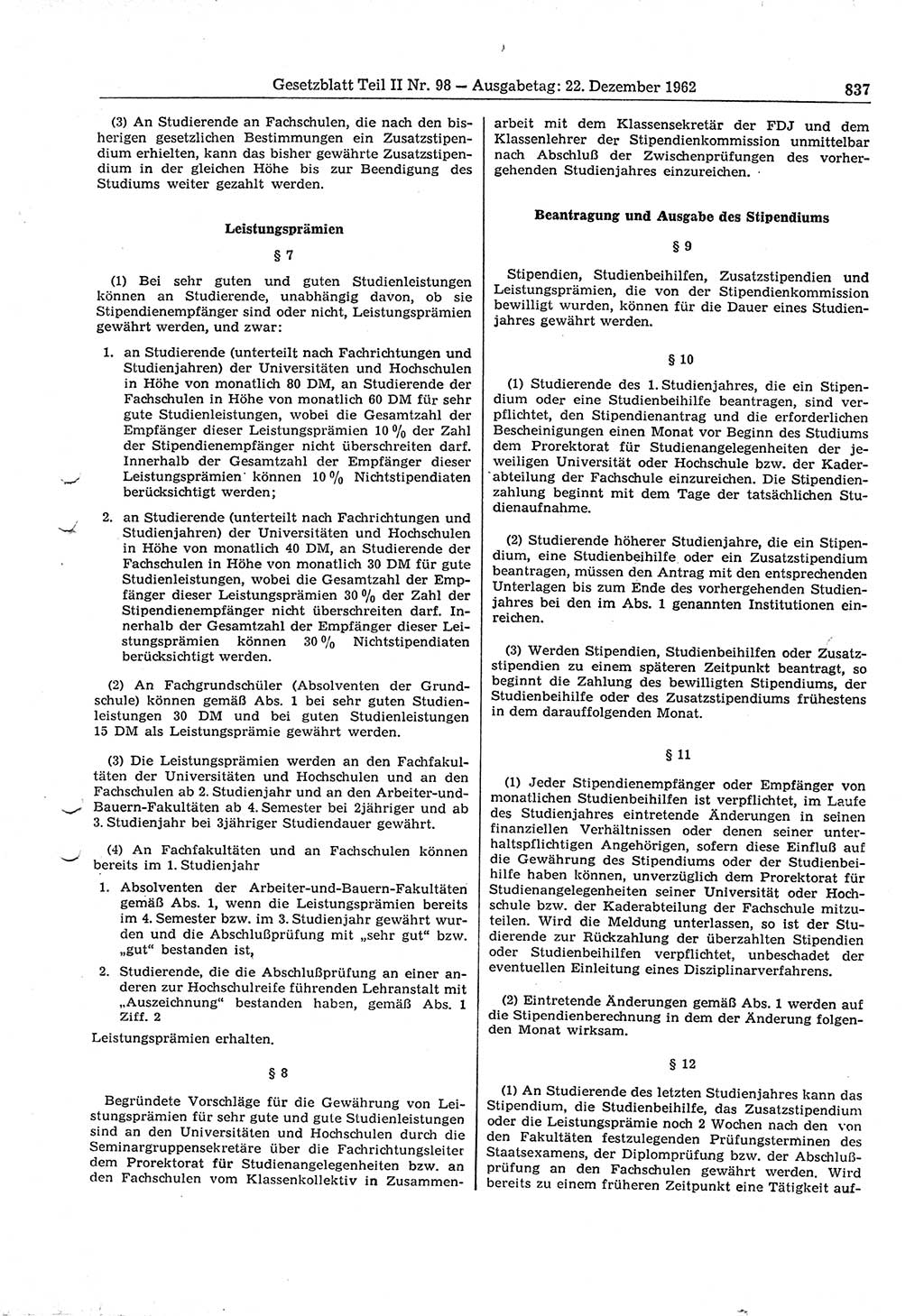 Gesetzblatt (GBl.) der Deutschen Demokratischen Republik (DDR) Teil ⅠⅠ 1962, Seite 837 (GBl. DDR ⅠⅠ 1962, S. 837)
