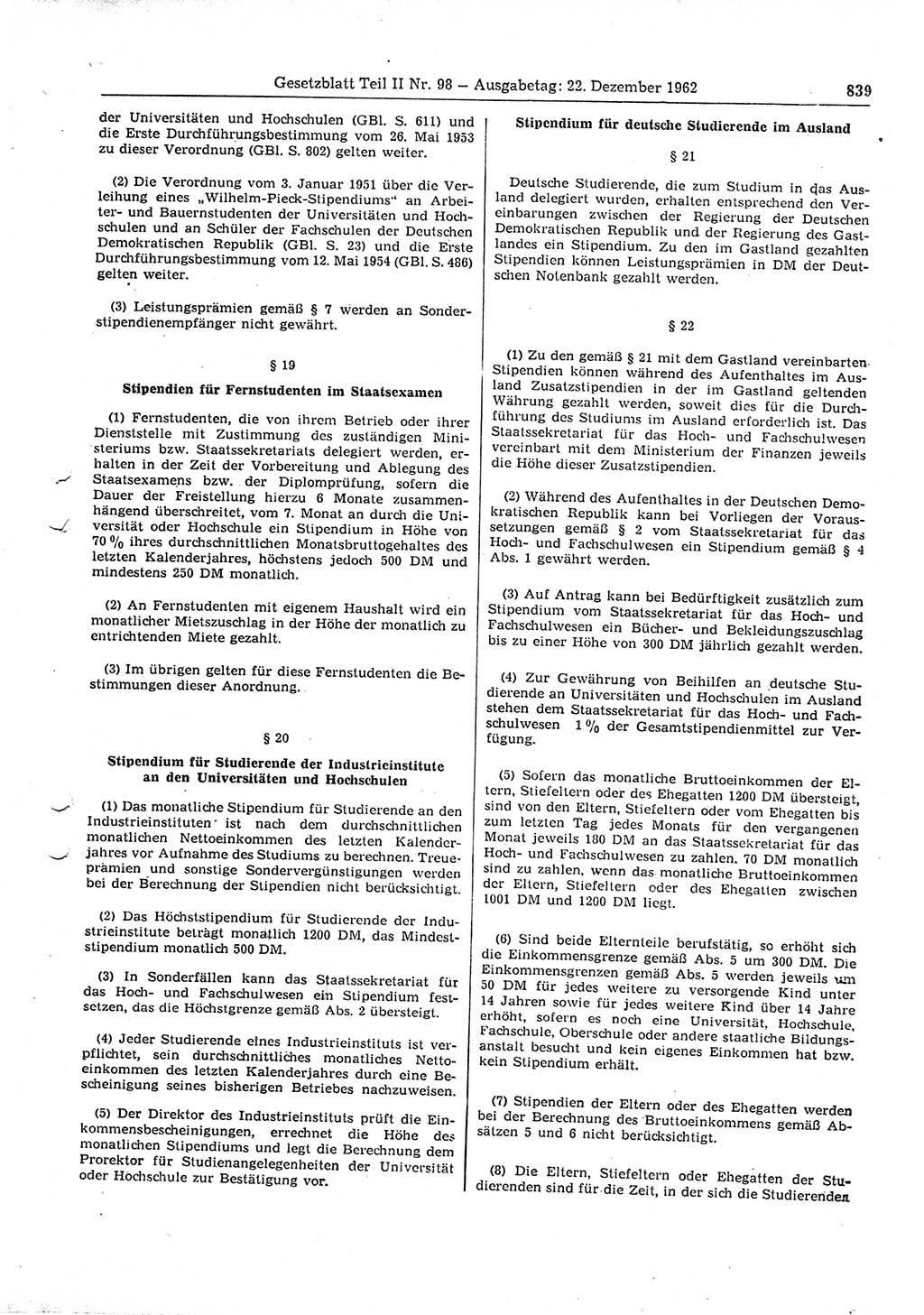 Gesetzblatt (GBl.) der Deutschen Demokratischen Republik (DDR) Teil ⅠⅠ 1962, Seite 839 (GBl. DDR ⅠⅠ 1962, S. 839)