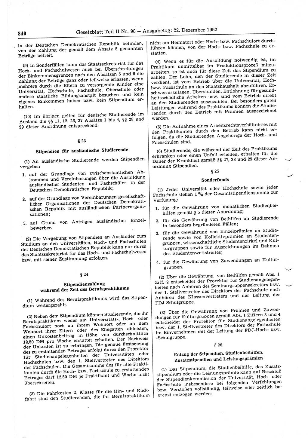 Gesetzblatt (GBl.) der Deutschen Demokratischen Republik (DDR) Teil ⅠⅠ 1962, Seite 840 (GBl. DDR ⅠⅠ 1962, S. 840)