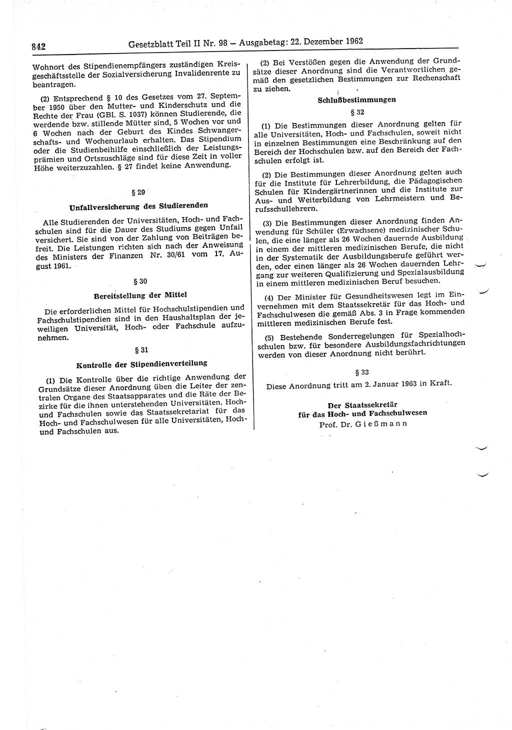 Gesetzblatt (GBl.) der Deutschen Demokratischen Republik (DDR) Teil ⅠⅠ 1962, Seite 842 (GBl. DDR ⅠⅠ 1962, S. 842)