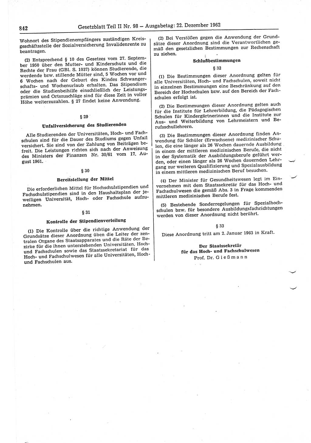 Gesetzblatt (GBl.) der Deutschen Demokratischen Republik (DDR) Teil ⅠⅠ 1962, Seite 842 (GBl. DDR ⅠⅠ 1962, S. 842)