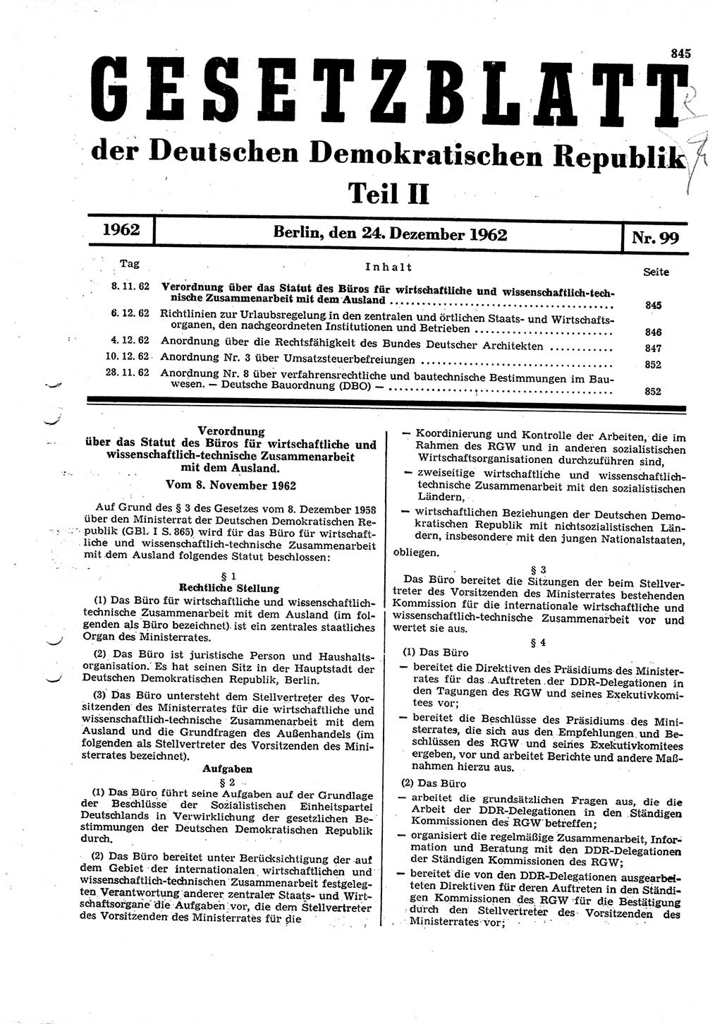 Gesetzblatt (GBl.) der Deutschen Demokratischen Republik (DDR) Teil ⅠⅠ 1962, Seite 845 (GBl. DDR ⅠⅠ 1962, S. 845)