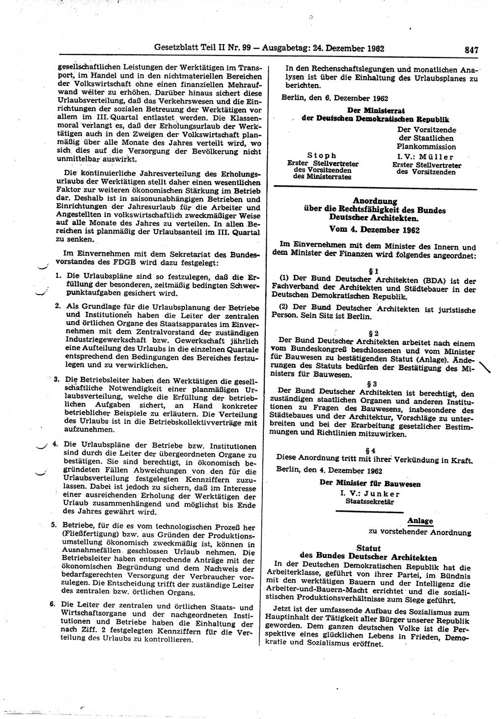 Gesetzblatt (GBl.) der Deutschen Demokratischen Republik (DDR) Teil ⅠⅠ 1962, Seite 847 (GBl. DDR ⅠⅠ 1962, S. 847)