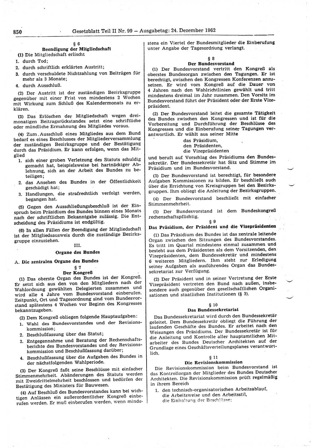 Gesetzblatt (GBl.) der Deutschen Demokratischen Republik (DDR) Teil ⅠⅠ 1962, Seite 850 (GBl. DDR ⅠⅠ 1962, S. 850)