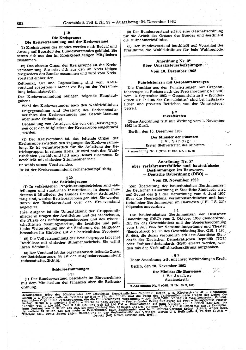 Gesetzblatt (GBl.) der Deutschen Demokratischen Republik (DDR) Teil ⅠⅠ 1962, Seite 852 (GBl. DDR ⅠⅠ 1962, S. 852)