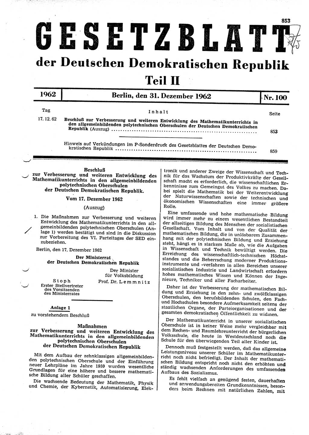 Gesetzblatt (GBl.) der Deutschen Demokratischen Republik (DDR) Teil ⅠⅠ 1962, Seite 853 (GBl. DDR ⅠⅠ 1962, S. 853)