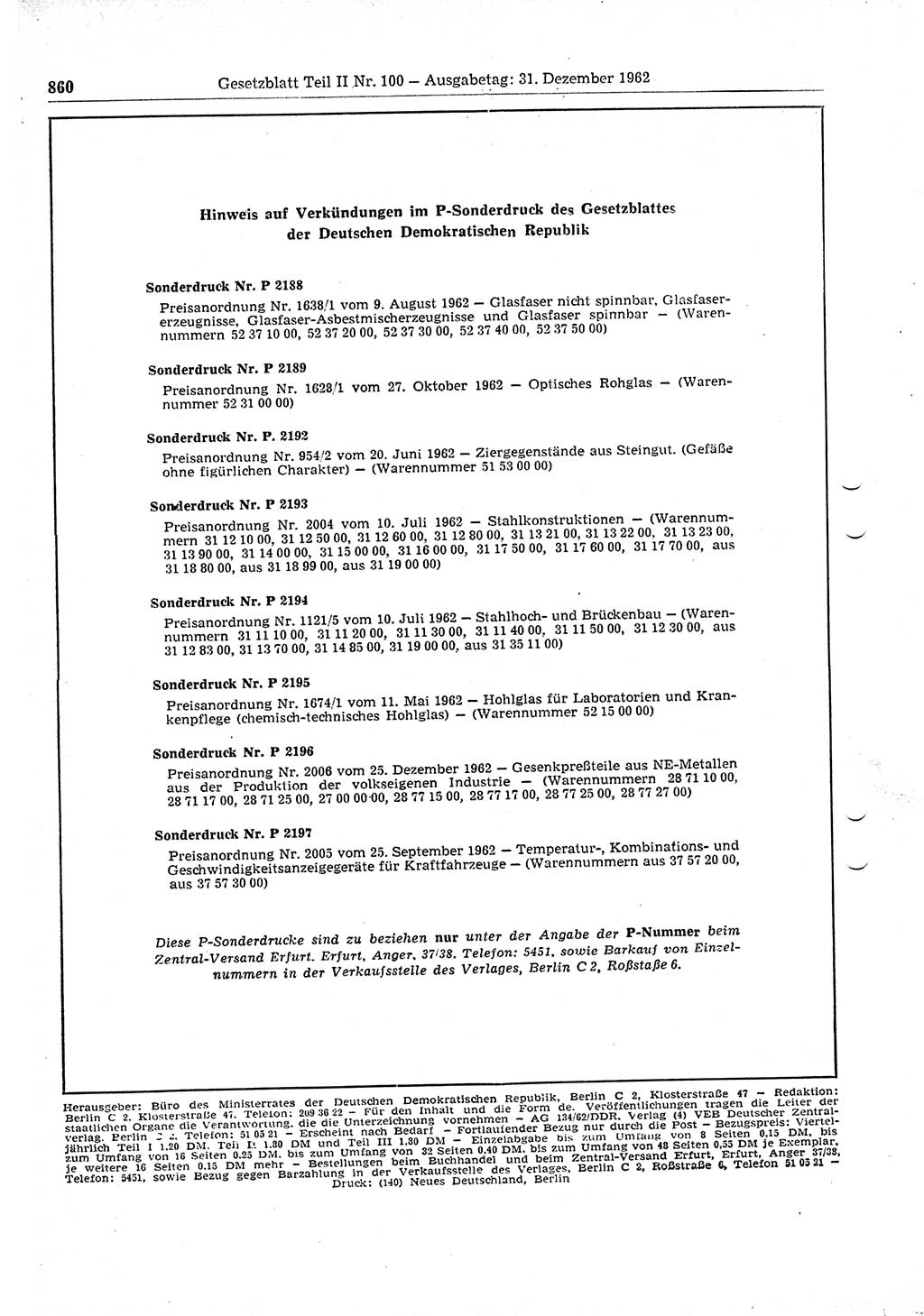 Gesetzblatt (GBl.) der Deutschen Demokratischen Republik (DDR) Teil ⅠⅠ 1962, Seite 860 (GBl. DDR ⅠⅠ 1962, S. 860)