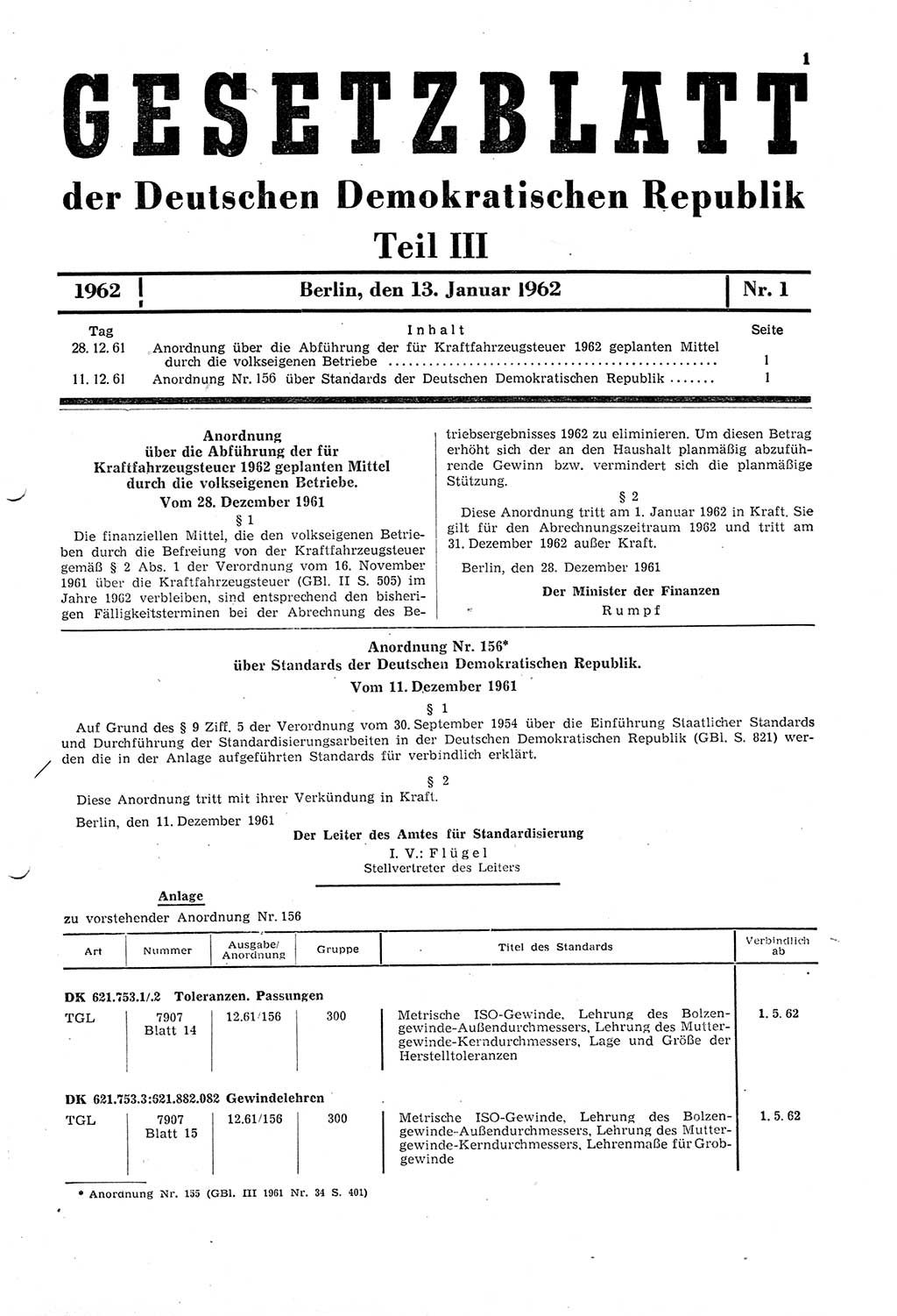 Gesetzblatt (GBl.) der Deutschen Demokratischen Republik (DDR) Teil ⅠⅠⅠ 1962, Seite 1 (GBl. DDR ⅠⅠⅠ 1962, S. 1)