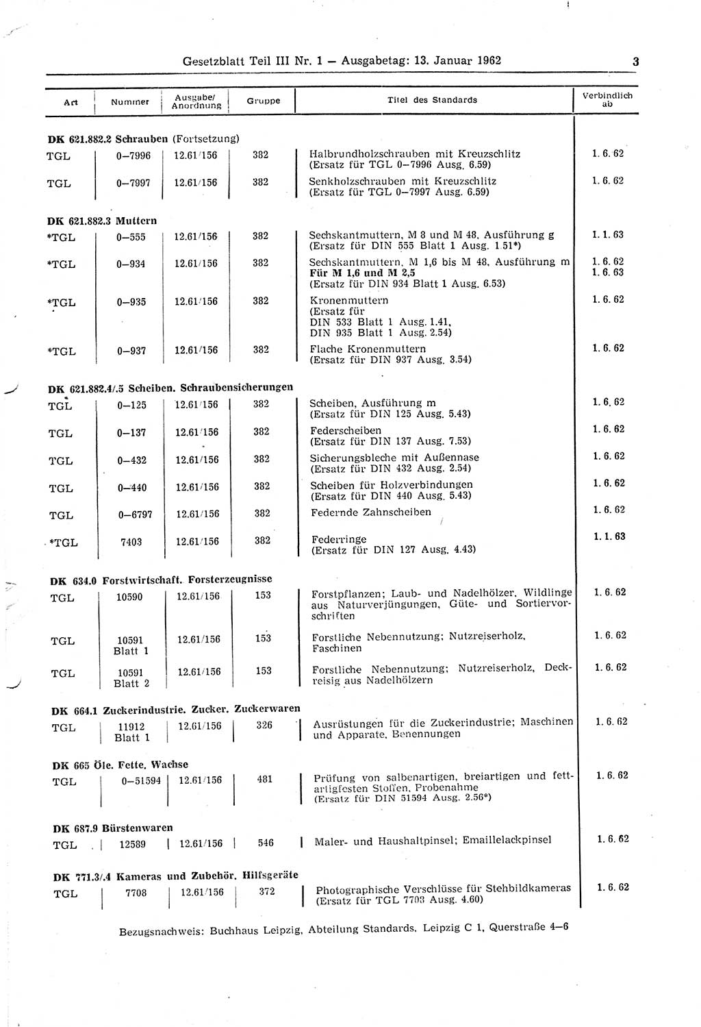 Gesetzblatt (GBl.) der Deutschen Demokratischen Republik (DDR) Teil ⅠⅠⅠ 1962, Seite 3 (GBl. DDR ⅠⅠⅠ 1962, S. 3)