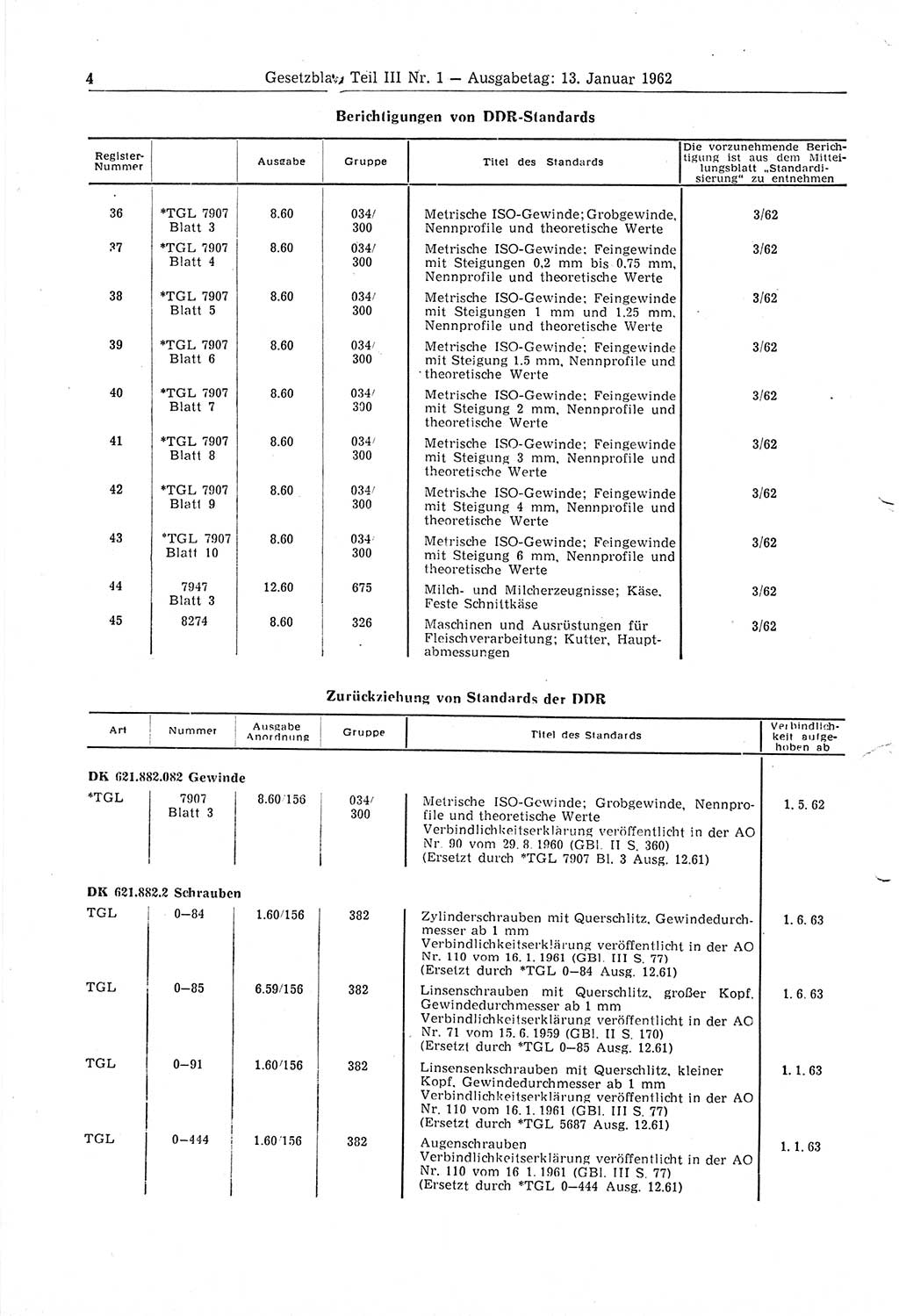 Gesetzblatt (GBl.) der Deutschen Demokratischen Republik (DDR) Teil ⅠⅠⅠ 1962, Seite 4 (GBl. DDR ⅠⅠⅠ 1962, S. 4)
