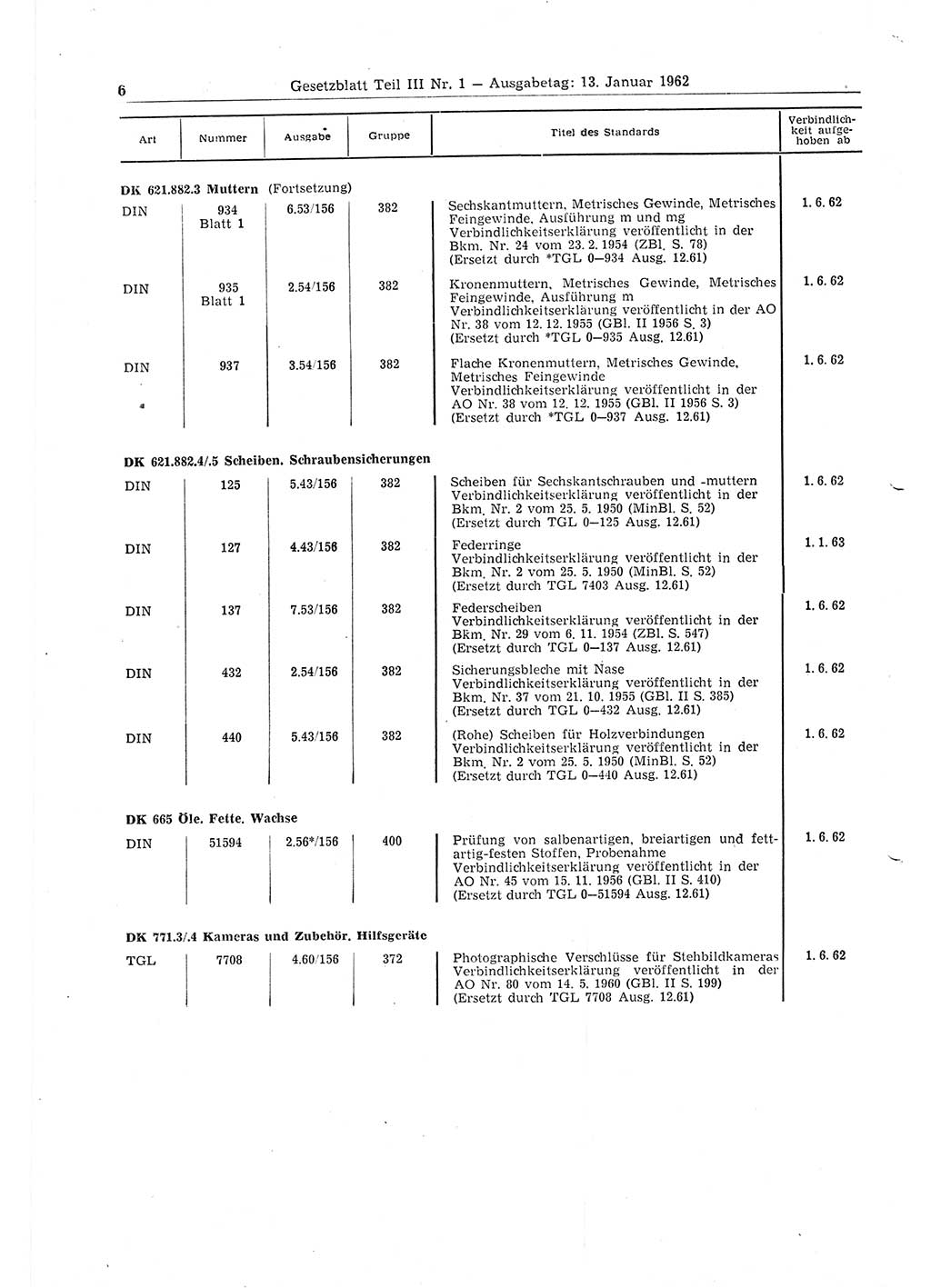 Gesetzblatt (GBl.) der Deutschen Demokratischen Republik (DDR) Teil ⅠⅠⅠ 1962, Seite 6 (GBl. DDR ⅠⅠⅠ 1962, S. 6)