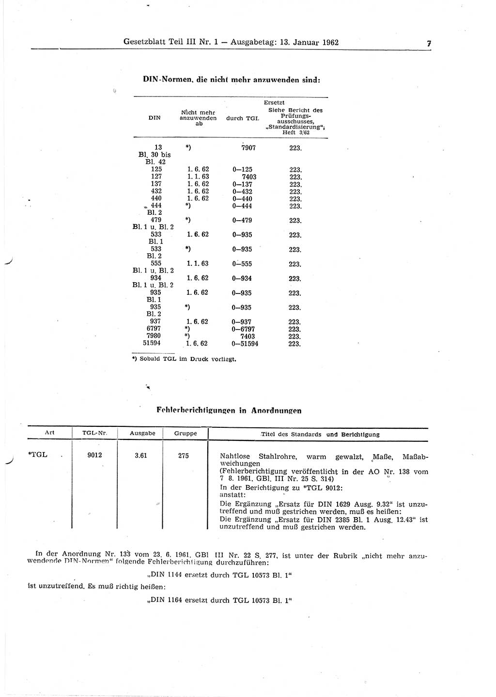 Gesetzblatt (GBl.) der Deutschen Demokratischen Republik (DDR) Teil ⅠⅠⅠ 1962, Seite 7 (GBl. DDR ⅠⅠⅠ 1962, S. 7)